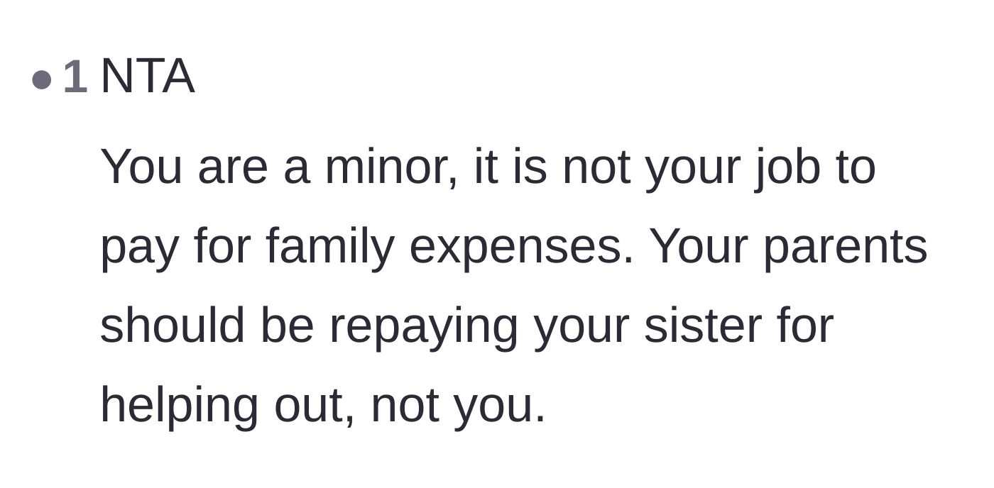 Comment thread 2 - A reader emphasizing that a minor should never be responsible for funding family expenses.