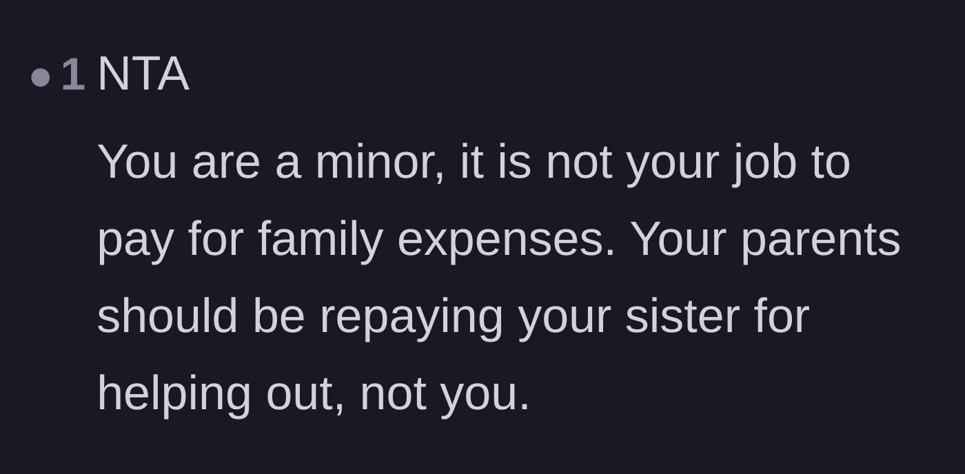 Comment thread 2 - A reader emphasizing that a minor should never be responsible for funding family expenses.