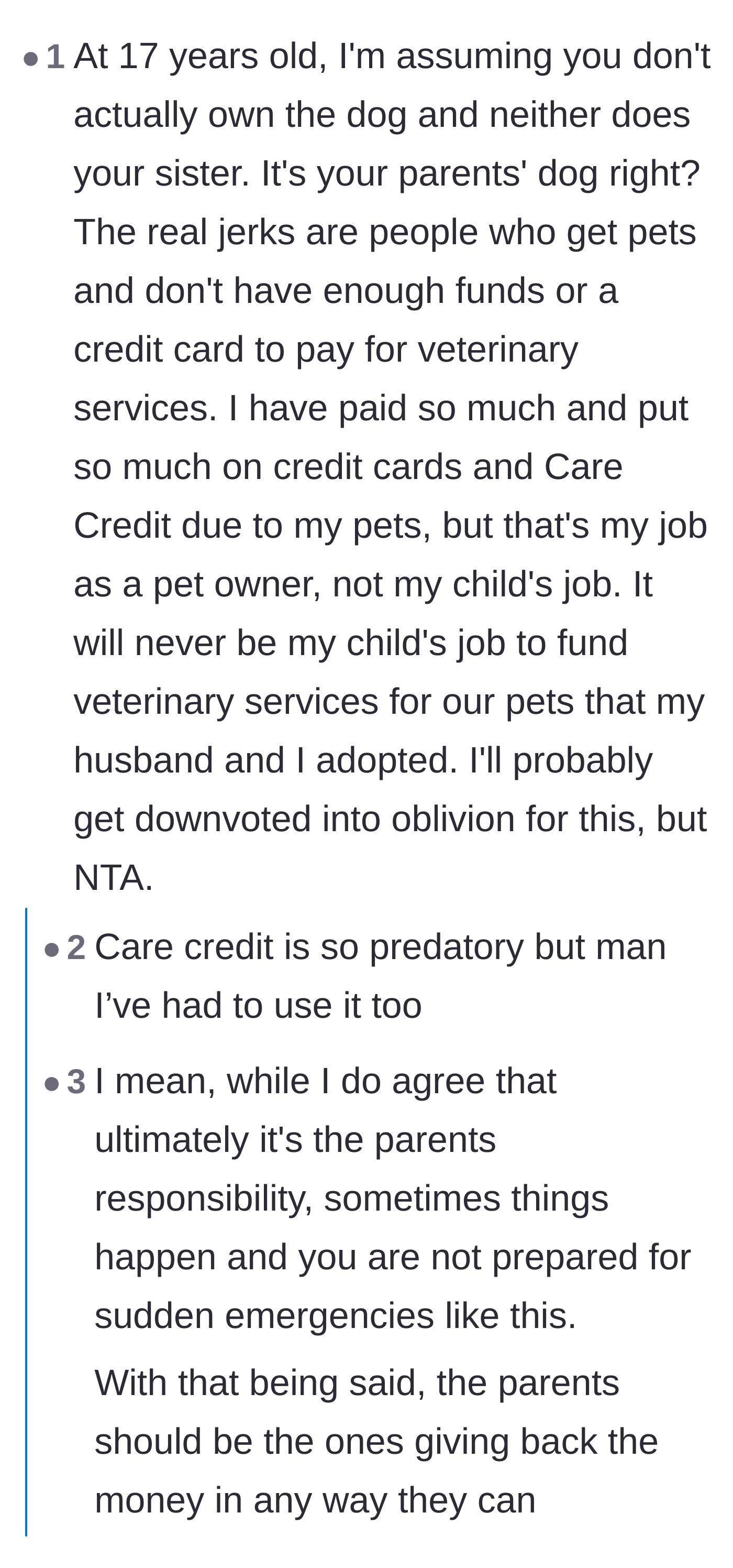 Comment thread 4 - A long thread criticizing the parents for not having a pet emergency fund or using credit, labeling them the true culprits.