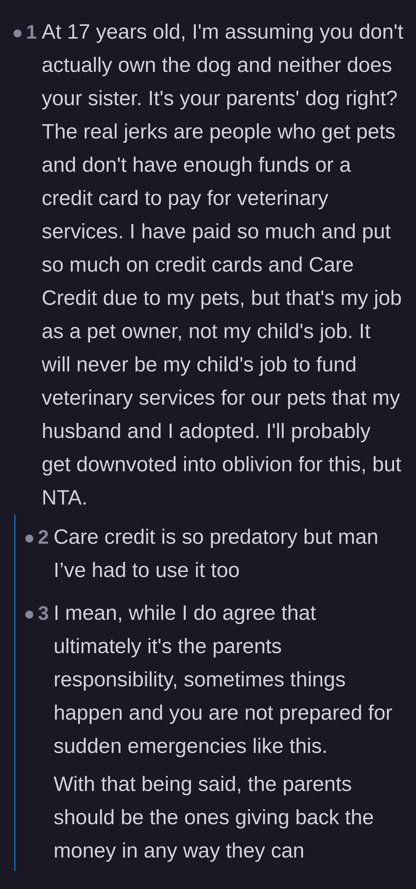 Comment thread 4 - A long thread criticizing the parents for not having a pet emergency fund or using credit, labeling them the true culprits.