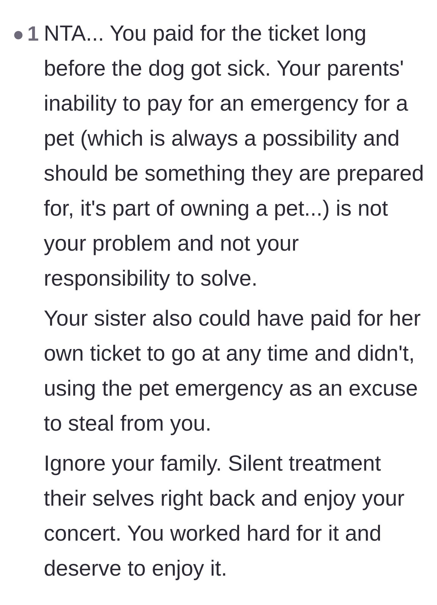 Comment thread 5 - A comment pointing out that the sister chose not to buy a ticket months ago and is now using the dog as an excuse to steal one.