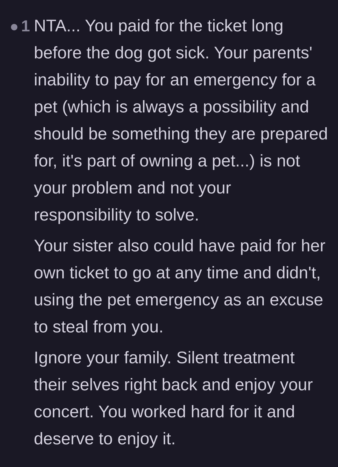 Comment thread 5 - A comment pointing out that the sister chose not to buy a ticket months ago and is now using the dog as an excuse to steal one.