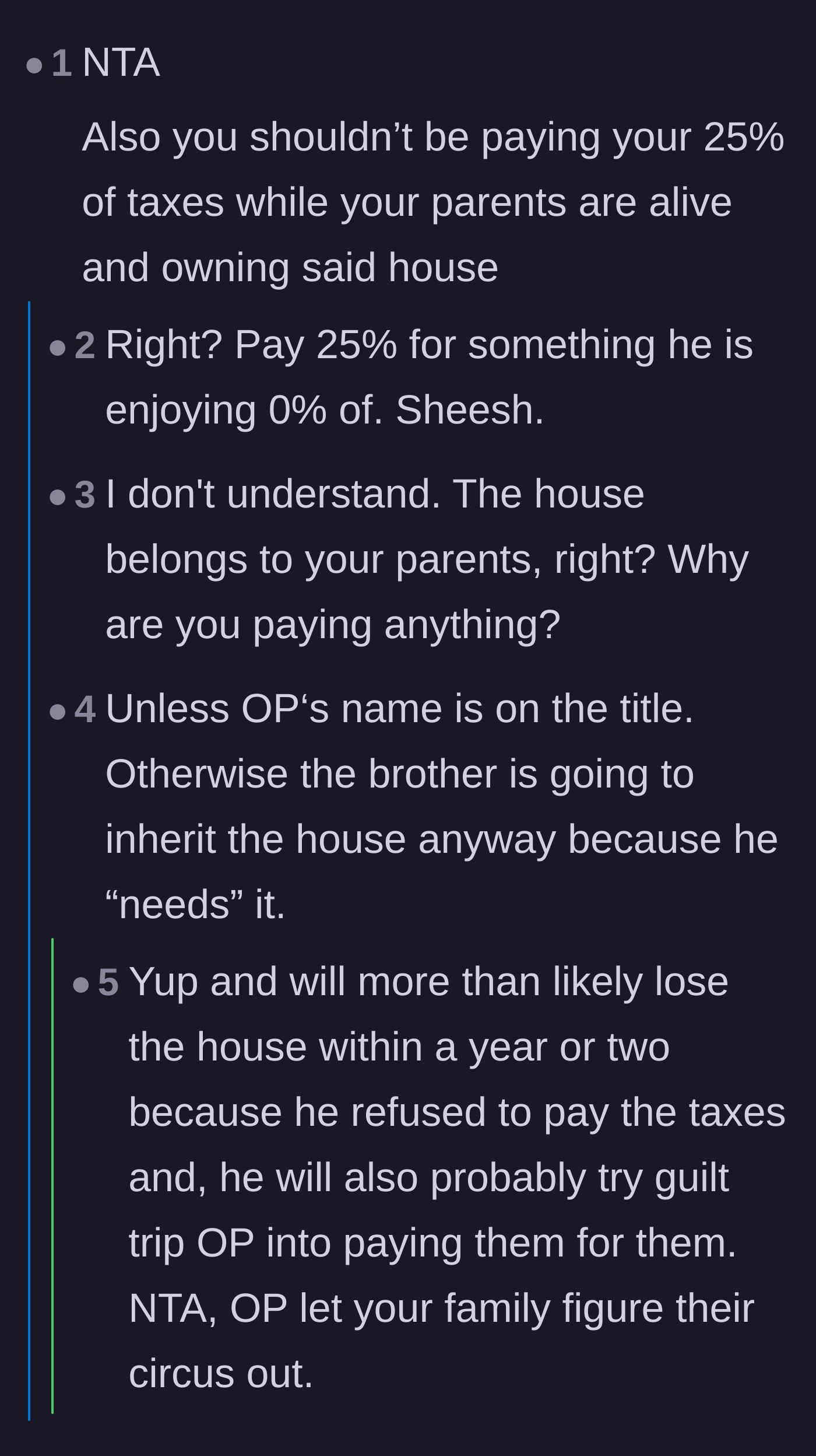 Comment thread 1 - Readers questioning why the veteran should pay property taxes on a house he doesn't own or live in.