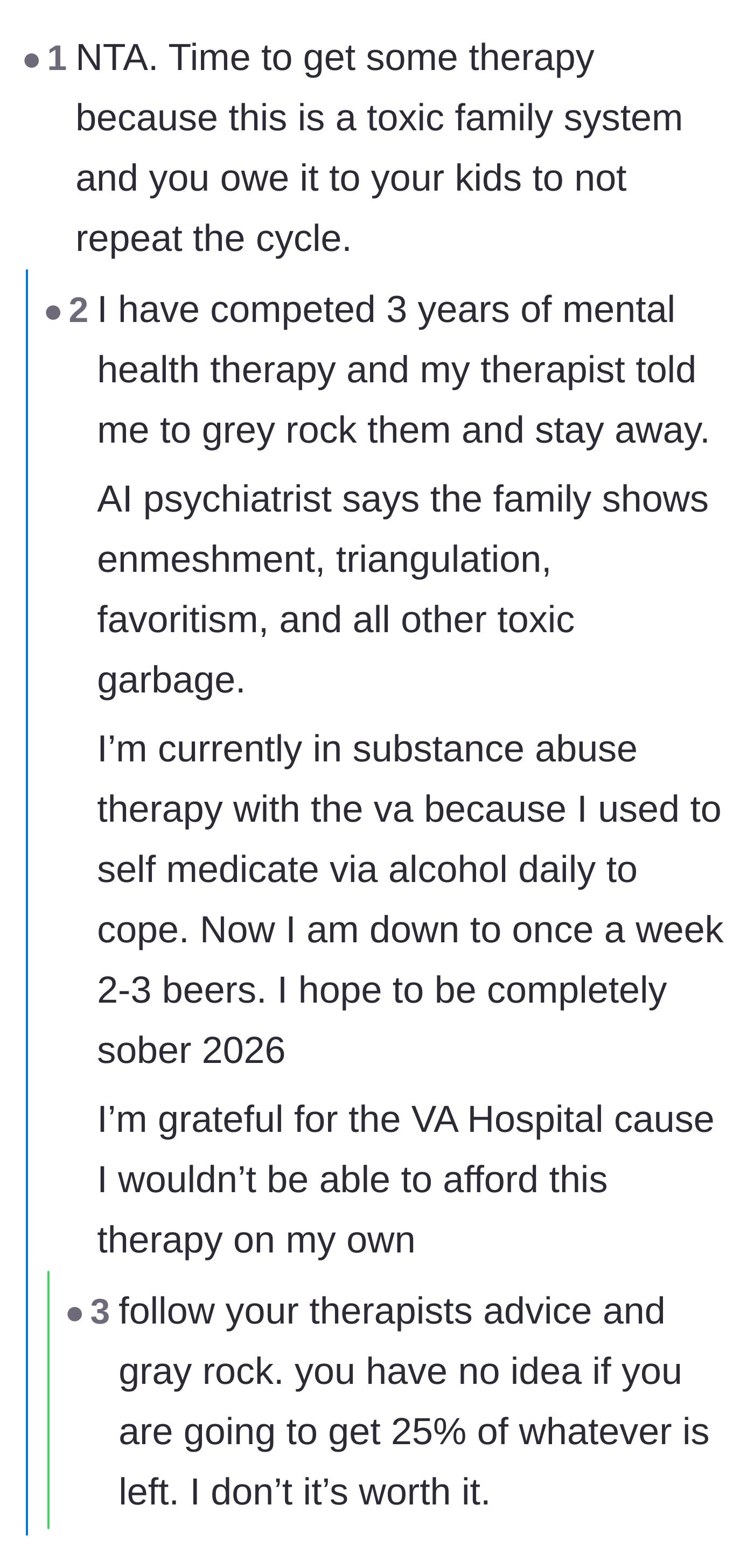 Comment thread 3 - Support for the veteran's mental health journey and advice to use the gray rock method on his toxic family.