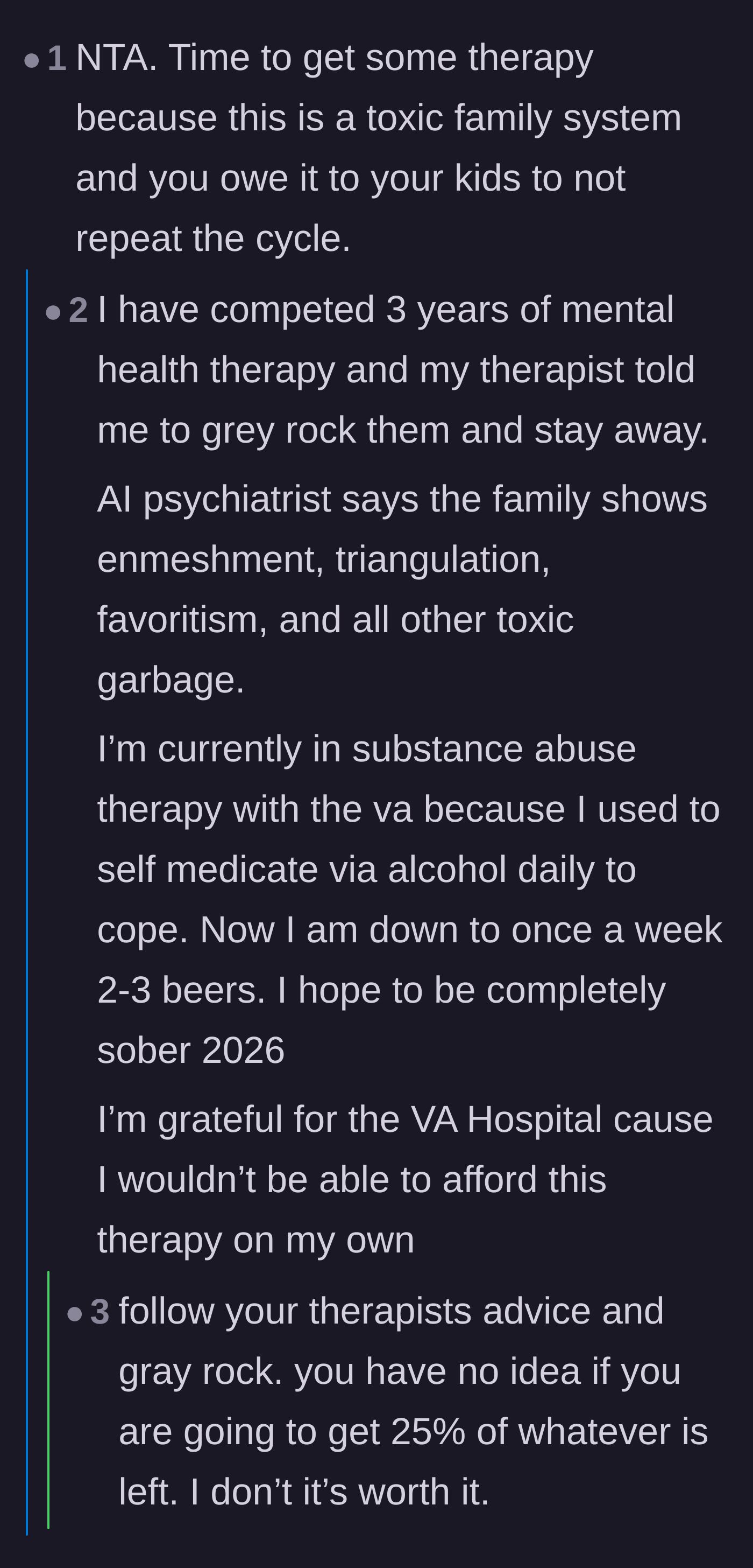 Comment thread 3 - Support for the veteran's mental health journey and advice to use the gray rock method on his toxic family.