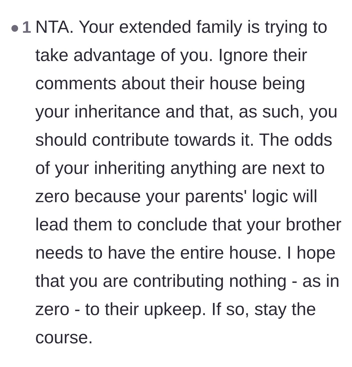 Comment thread 4 - Advice warning the veteran that his parents will likely leave the entire house to the dependent brother anyway.