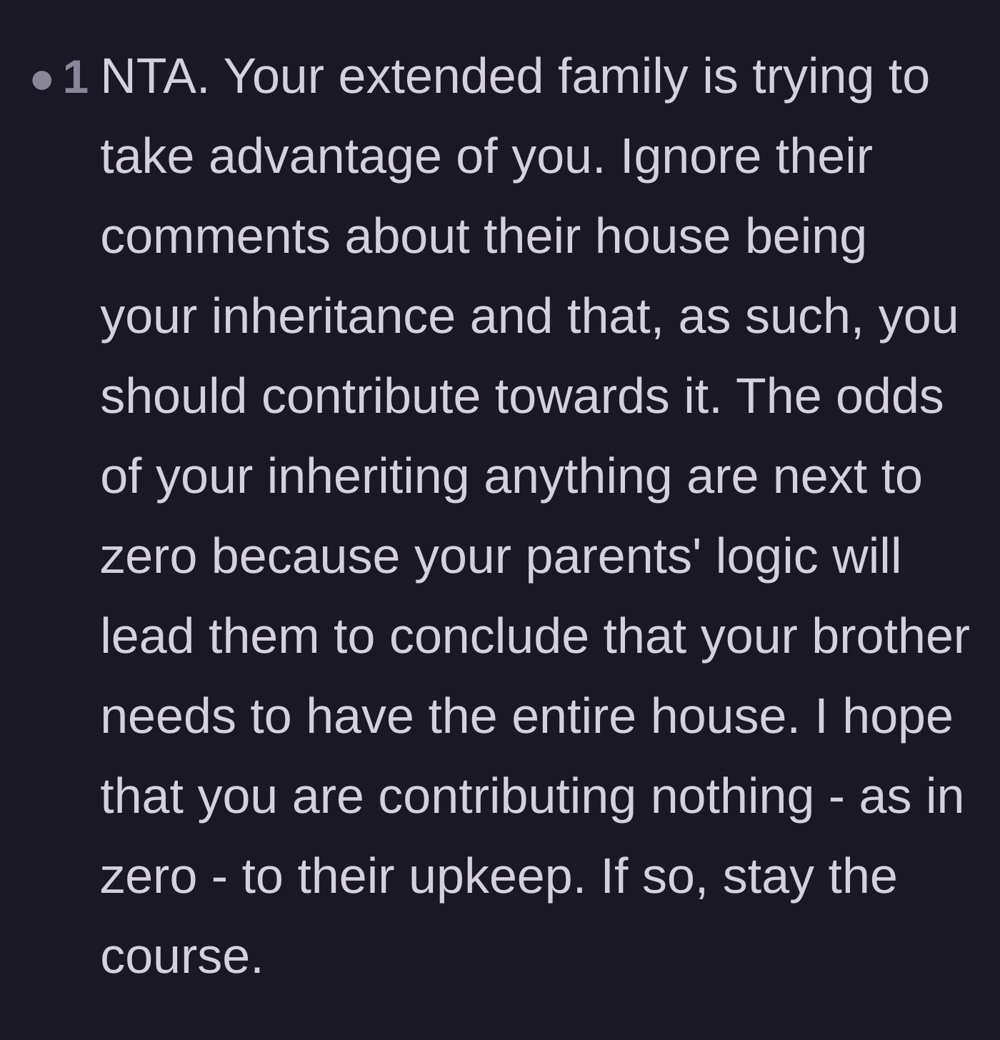 Comment thread 4 - Advice warning the veteran that his parents will likely leave the entire house to the dependent brother anyway.
