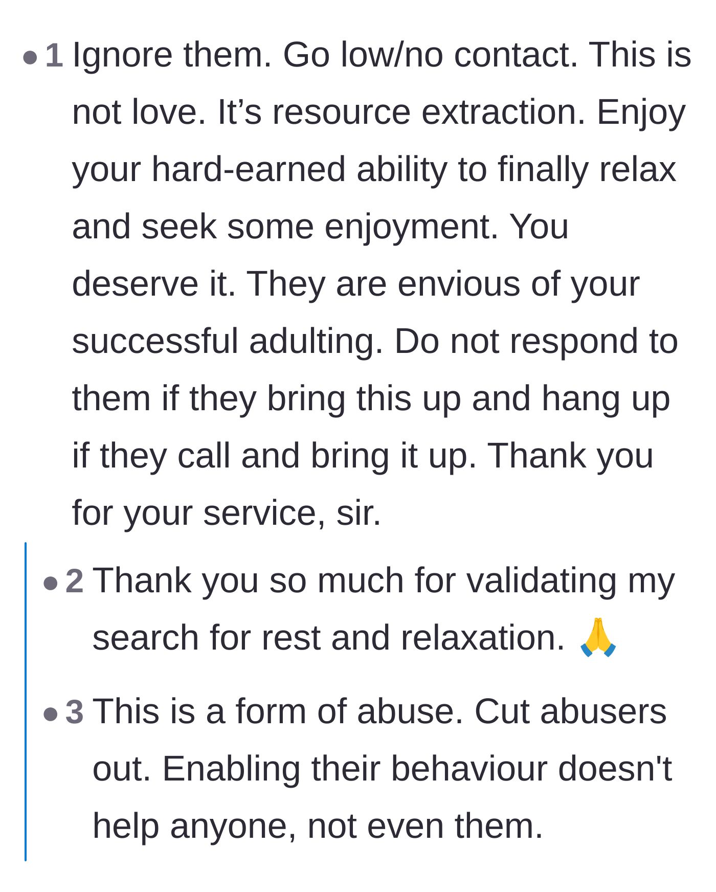 Comment thread 5 - A commenter labeling the family's behavior as resource extraction and validating the veteran's right to relax.