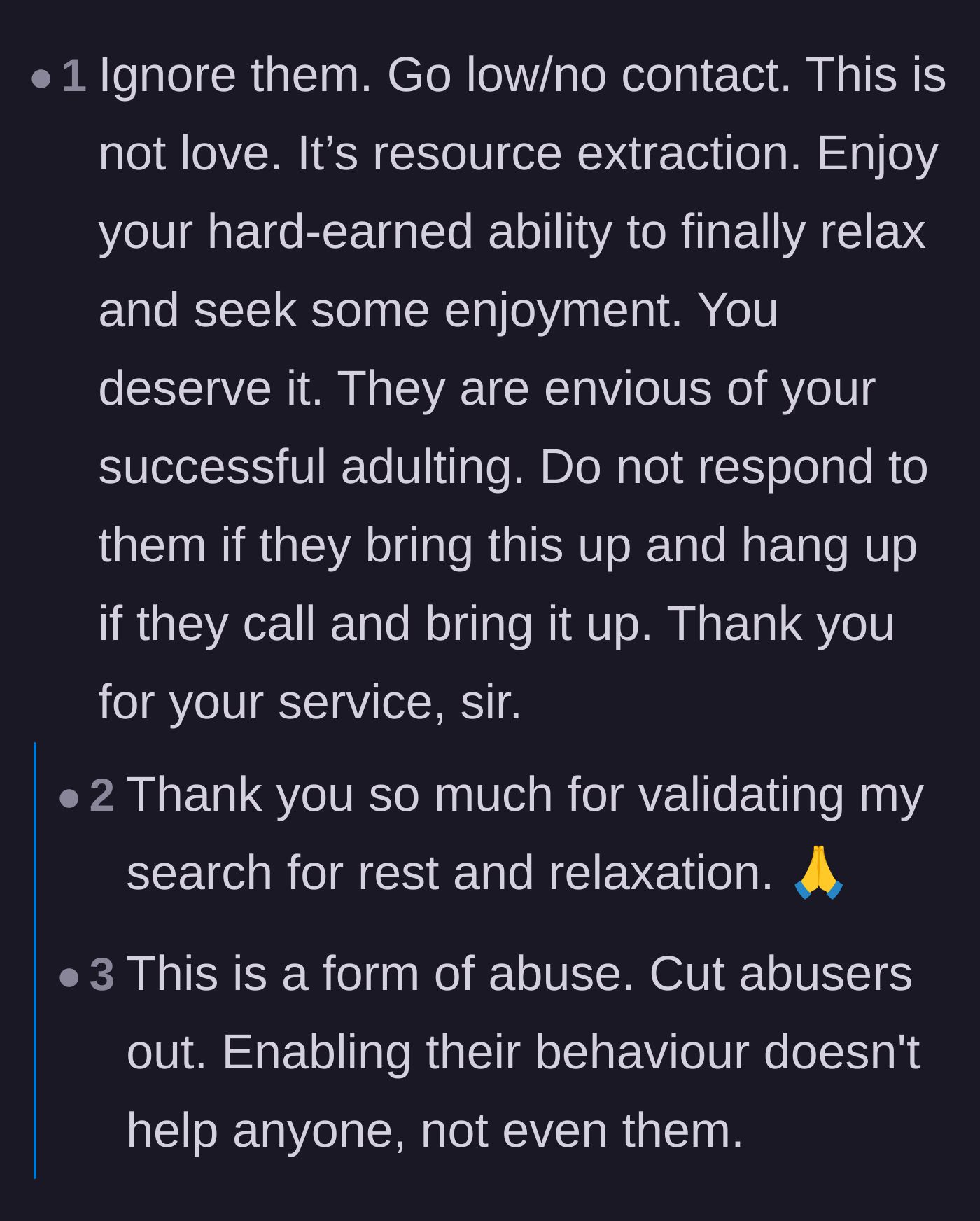 Comment thread 5 - A commenter labeling the family's behavior as resource extraction and validating the veteran's right to relax.