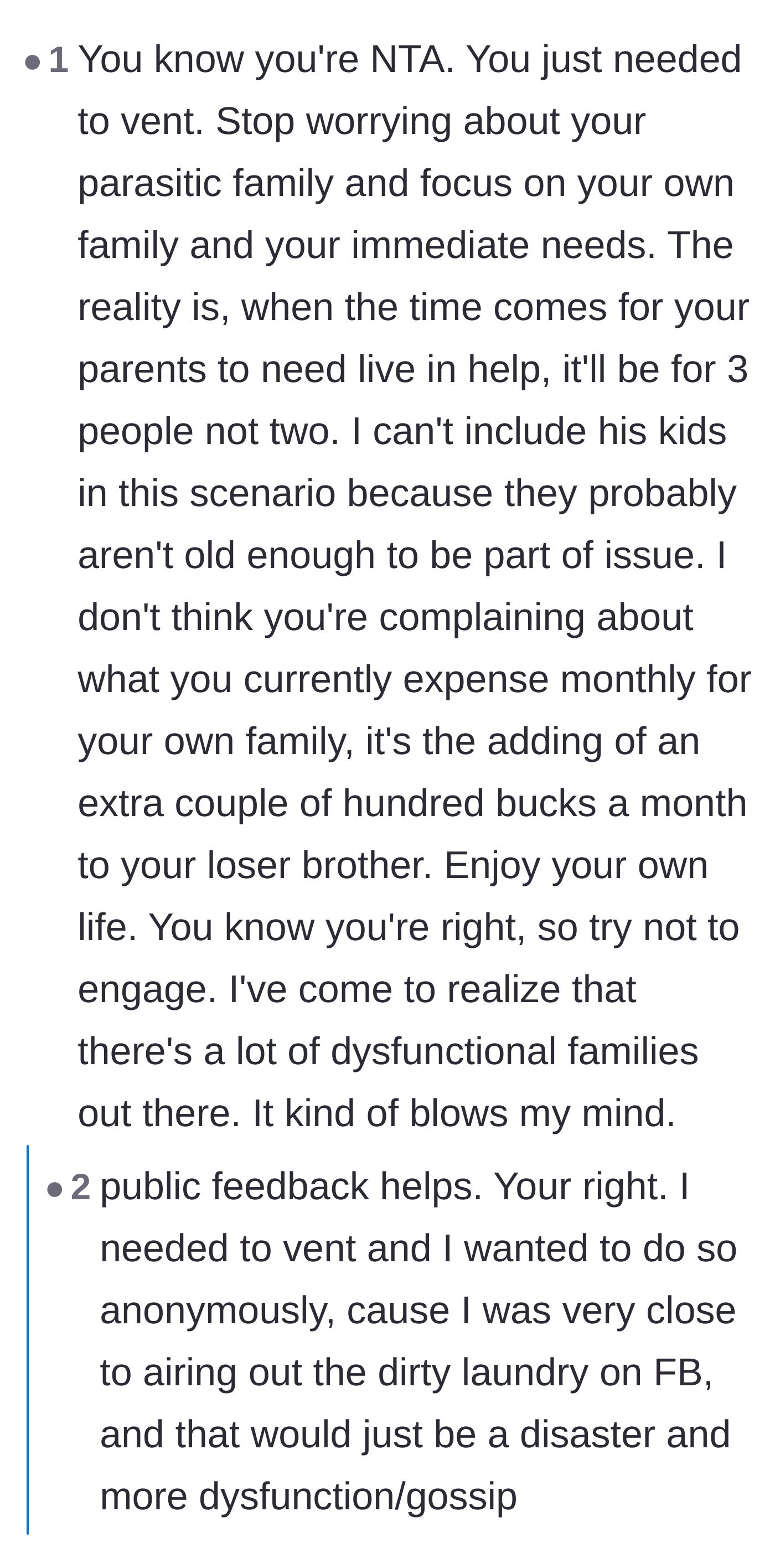Comment thread 6 - Encouragement for the veteran to vent anonymously rather than starting a public family war on social media.