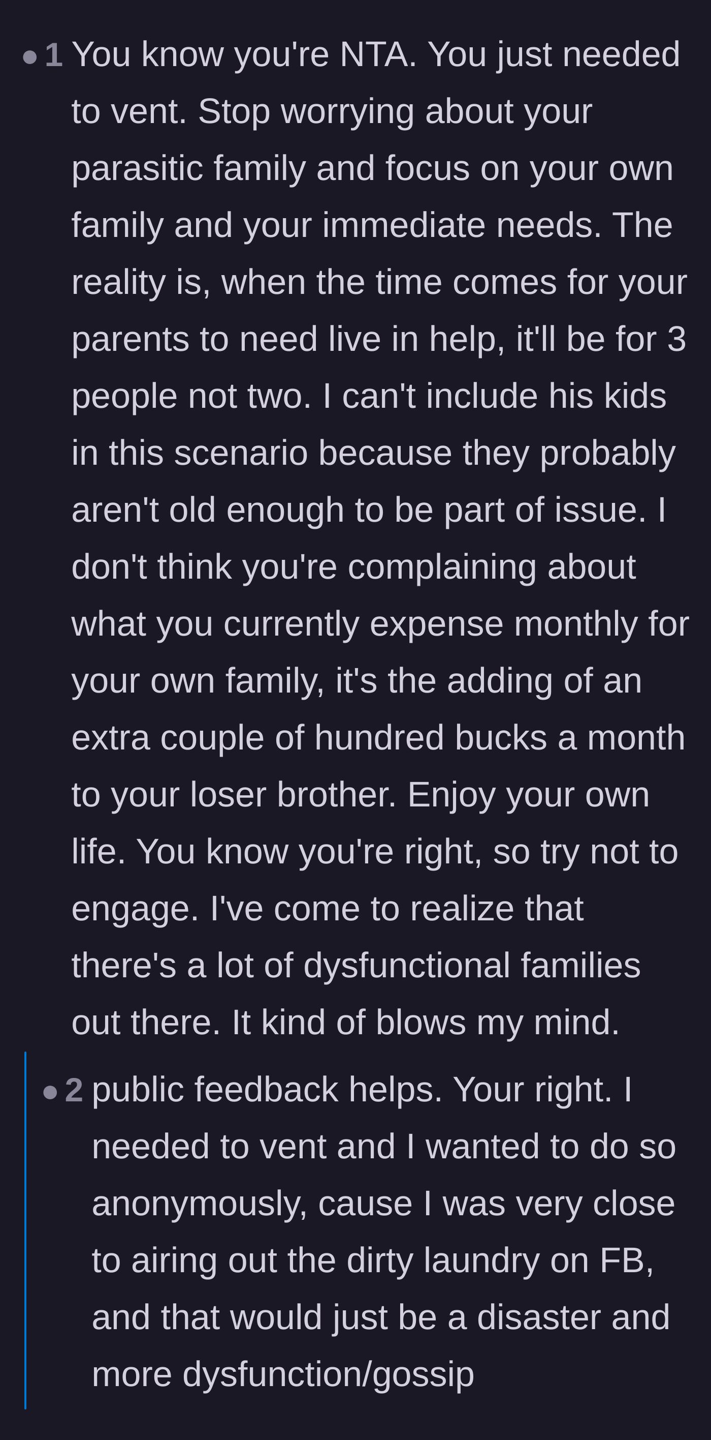 Comment thread 6 - Encouragement for the veteran to vent anonymously rather than starting a public family war on social media.