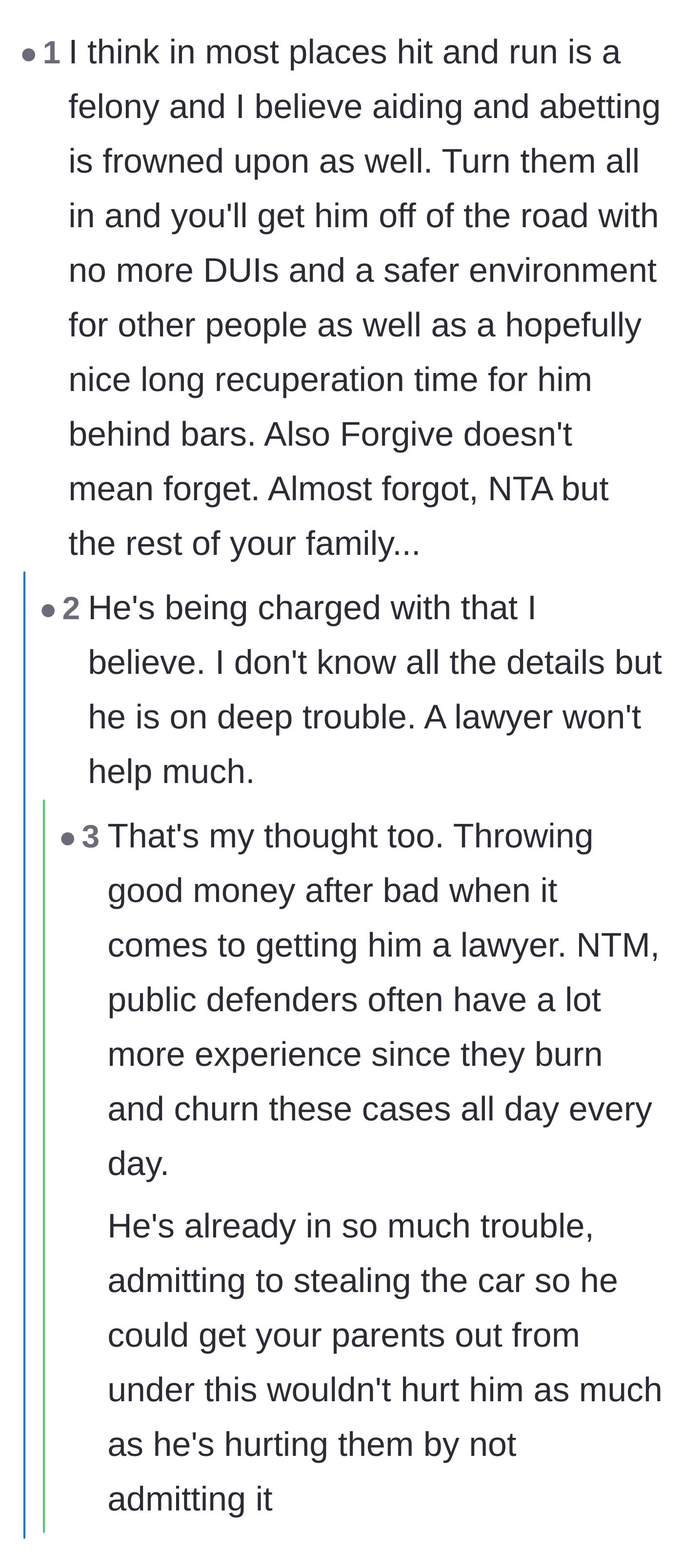 Comment thread 3 - A debate on the legal mechanics of hit-and-runs and the parents' refusal to utilize a public defender.