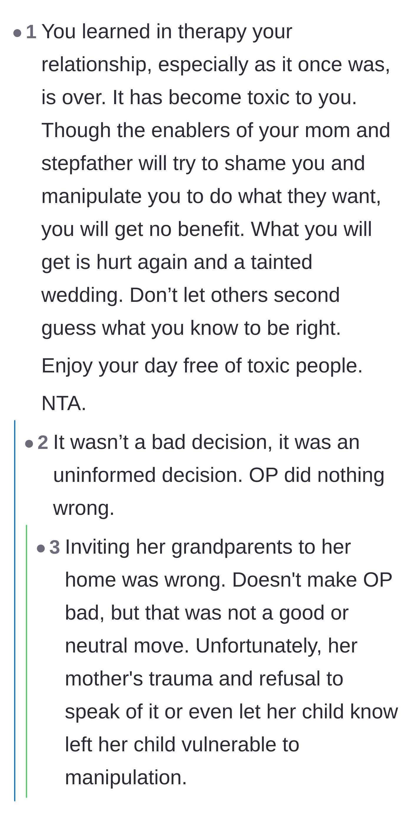 Comment thread 2 - Support for the bride cutting off toxic enablers and protecting her wedding day.