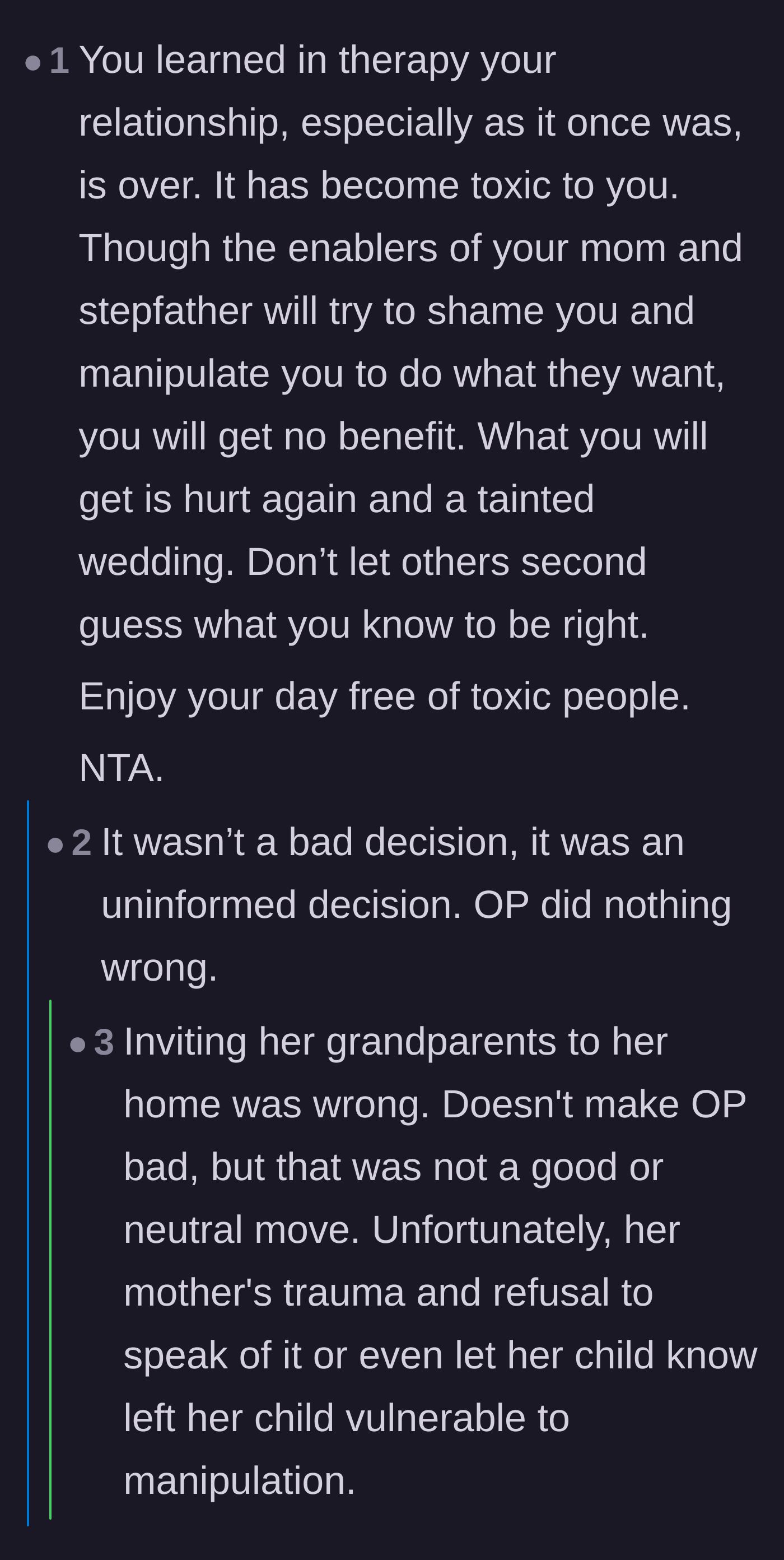 Comment thread 2 - Support for the bride cutting off toxic enablers and protecting her wedding day.