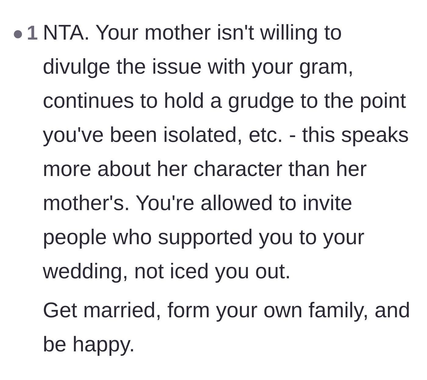 Comment thread 3 - Commentary on how the mother's lifelong grudge speaks volumes about her own toxic character.
