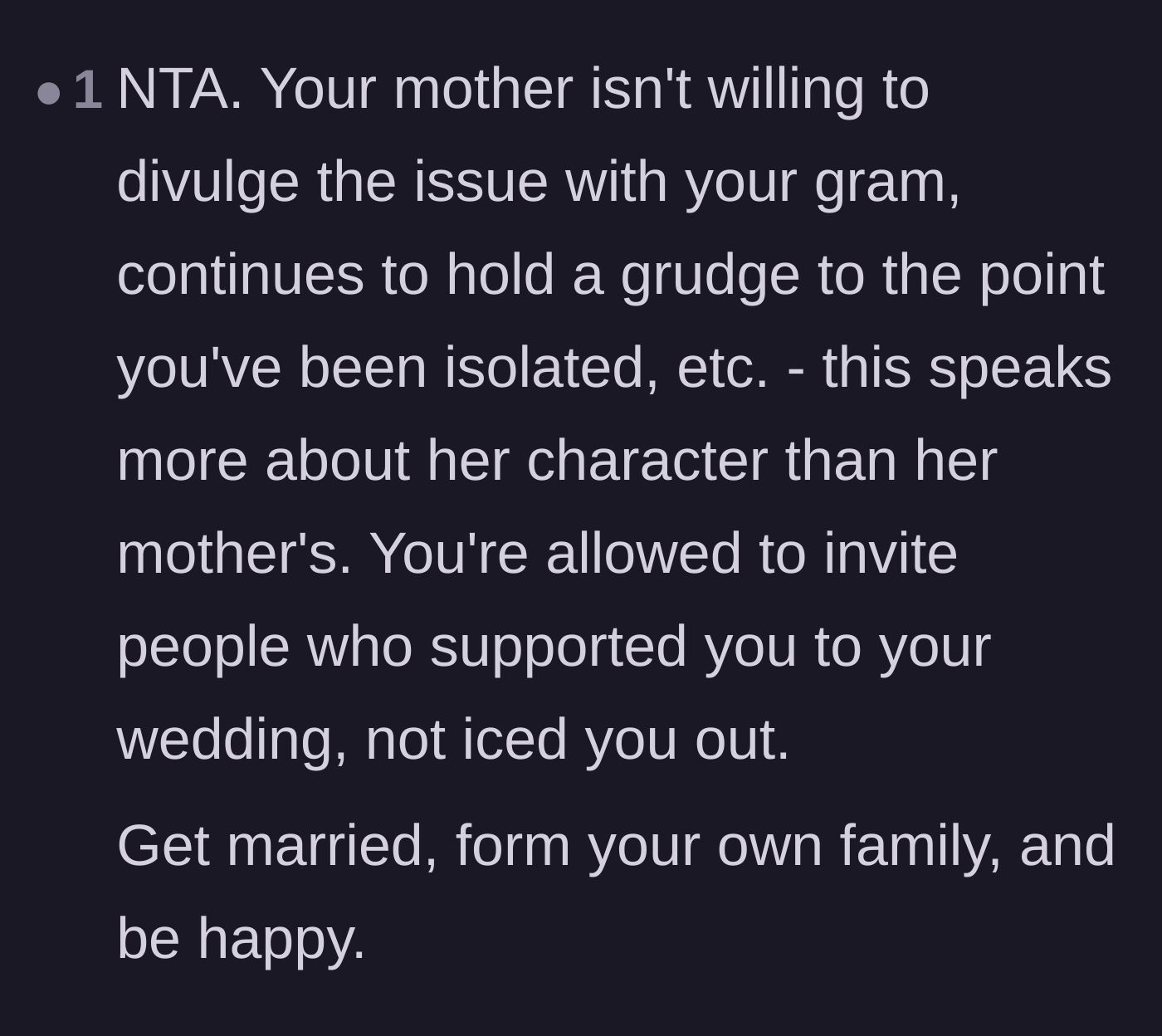 Comment thread 3 - Commentary on how the mother's lifelong grudge speaks volumes about her own toxic character.