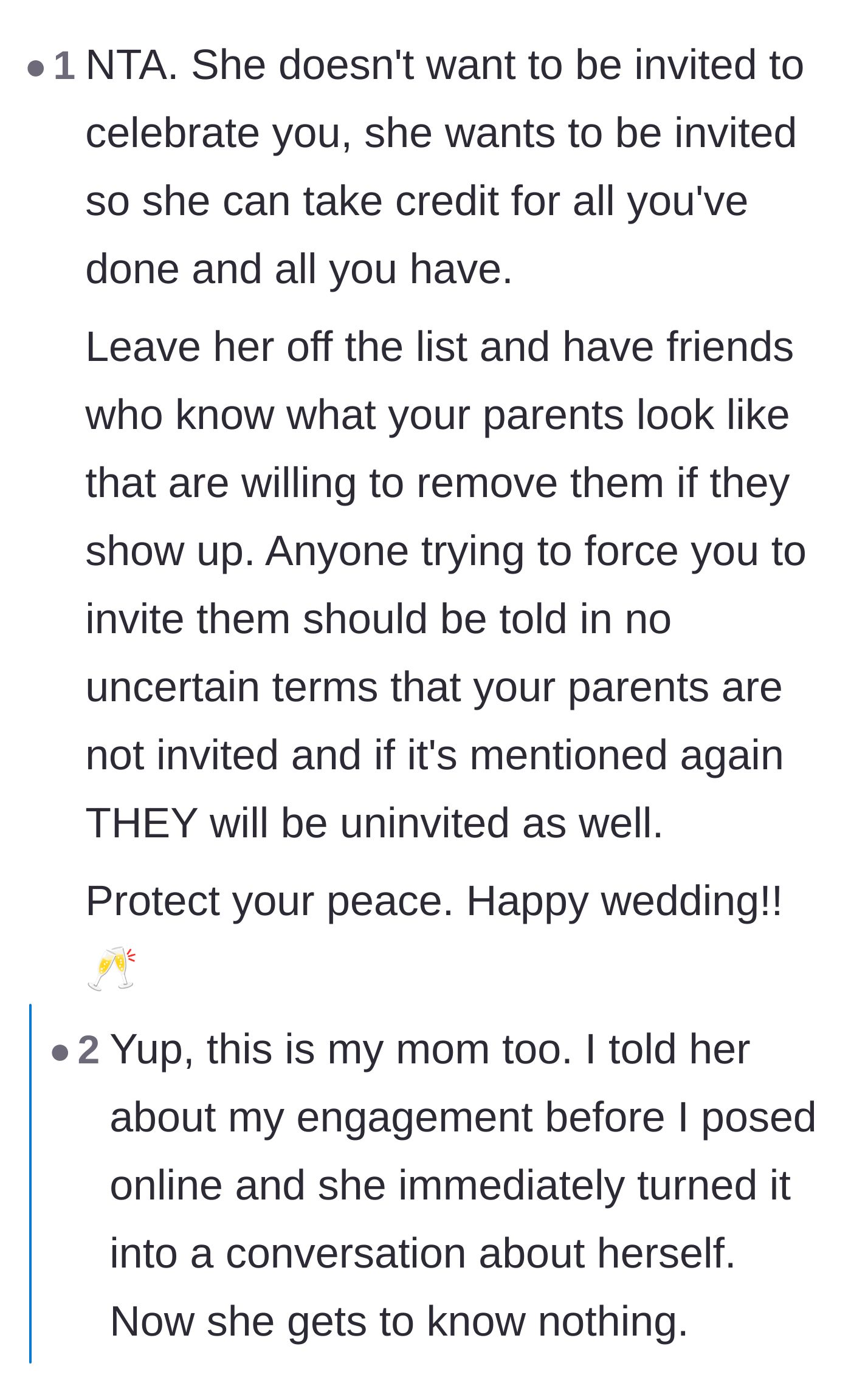 Comment thread 5 - Discussion about how the mother only wants an invite so she can take credit for the bride's success publicly.
