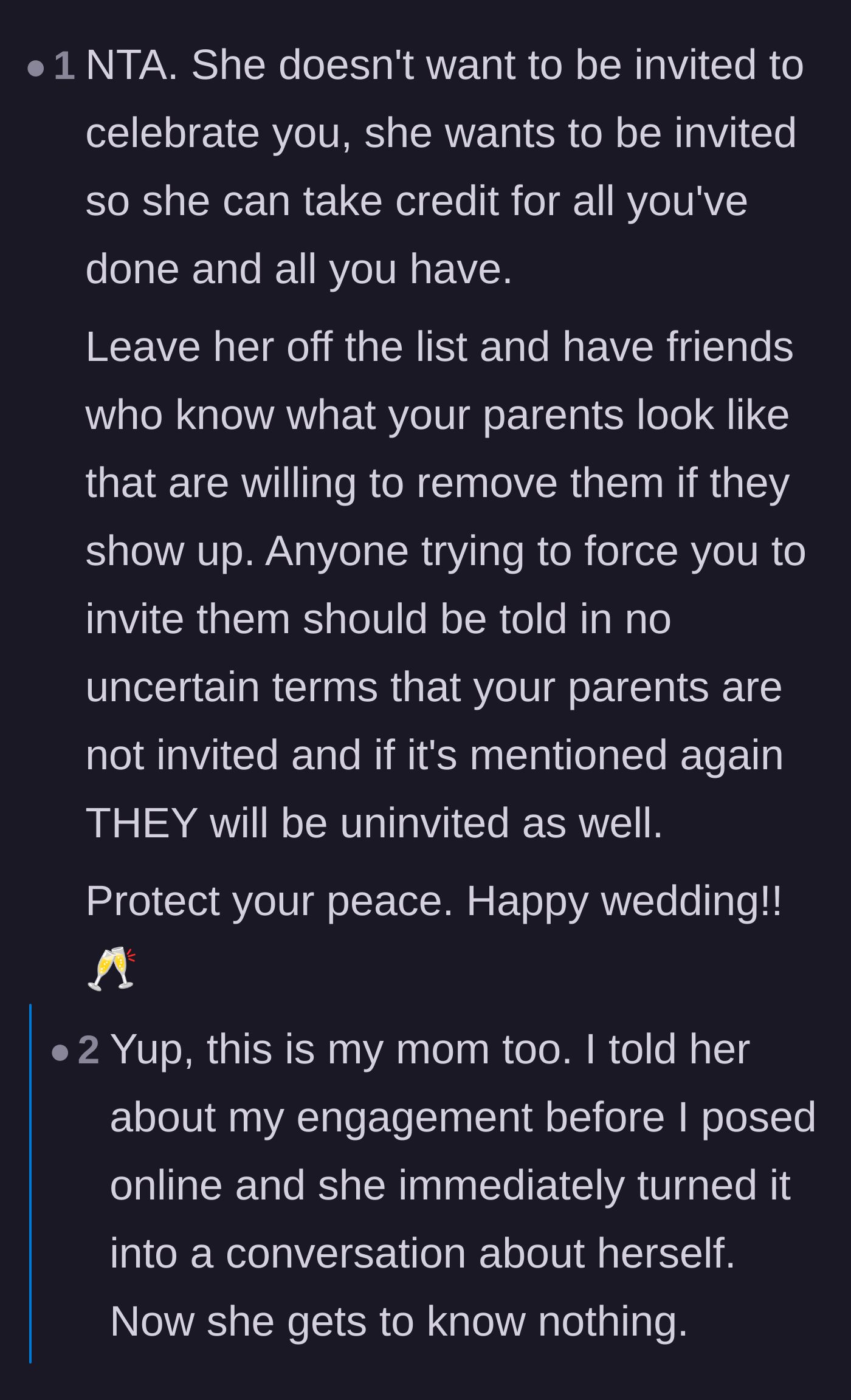 Comment thread 5 - Discussion about how the mother only wants an invite so she can take credit for the bride's success publicly.