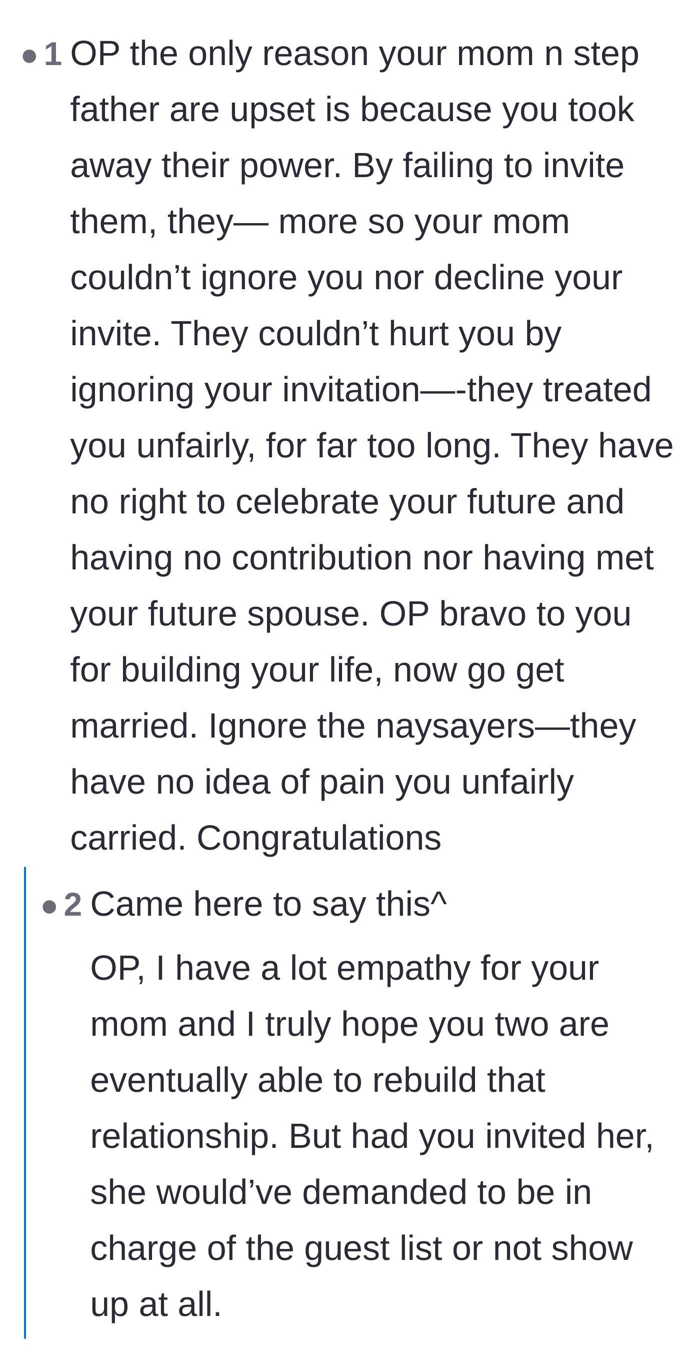 Comment thread 6 - Analysis of how the mother is only upset because the bride finally took away her power to reject or ignore the invitation.