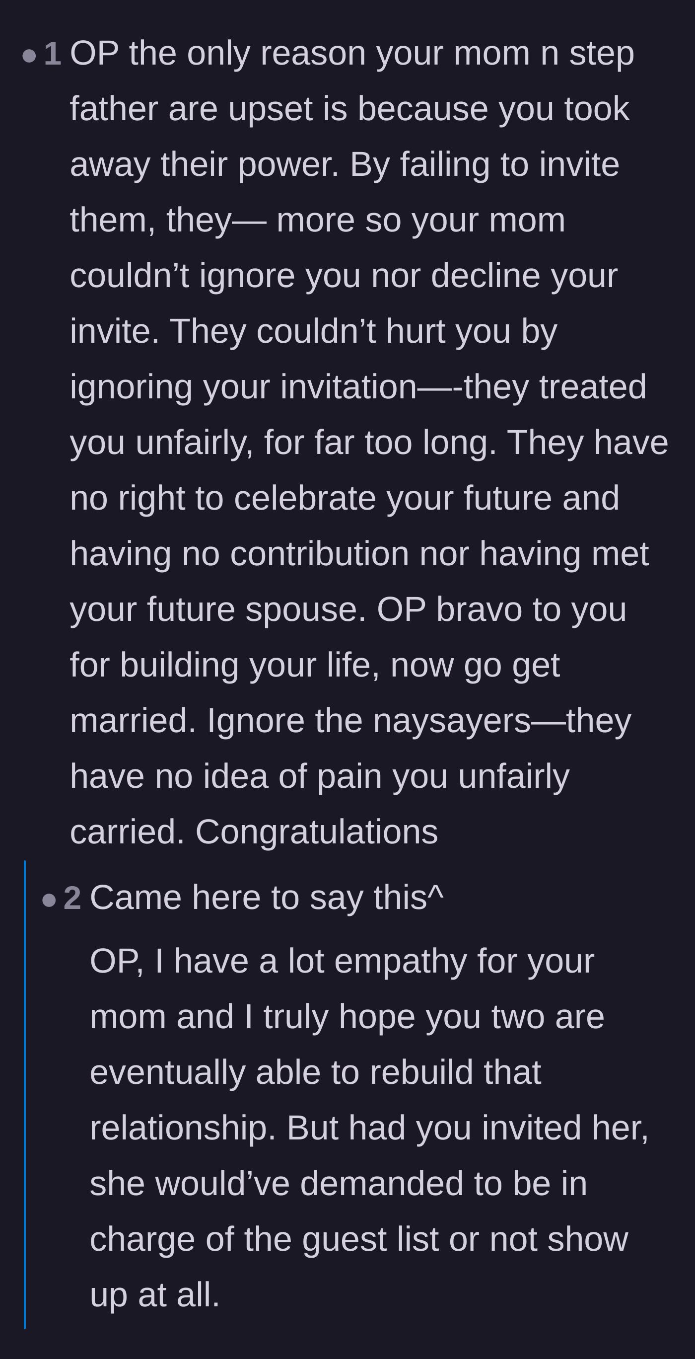 Comment thread 6 - Analysis of how the mother is only upset because the bride finally took away her power to reject or ignore the invitation.
