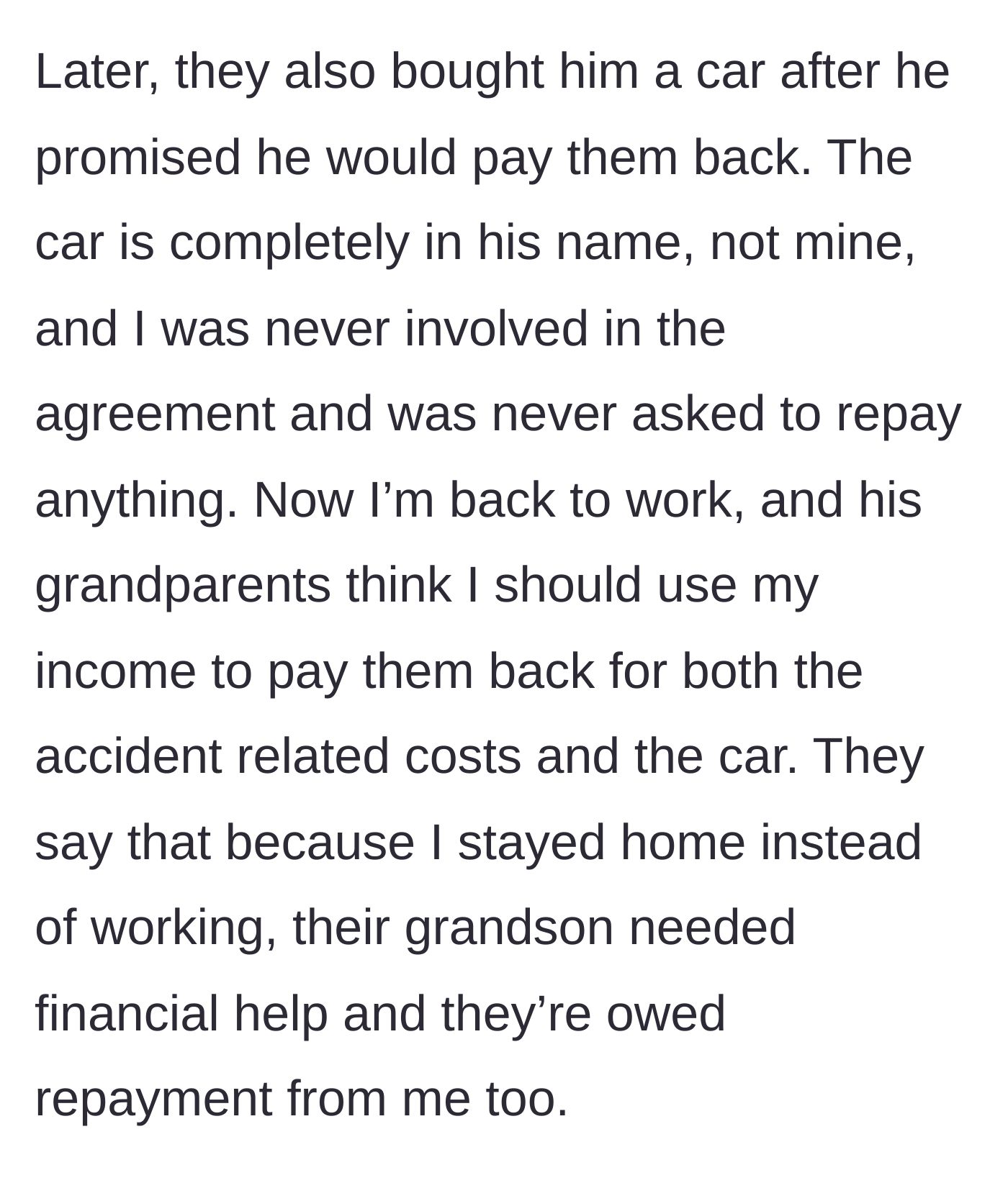 Story part 2 - The grandparents purchase a car for the fiancé and demand the returning working mom pay them back.