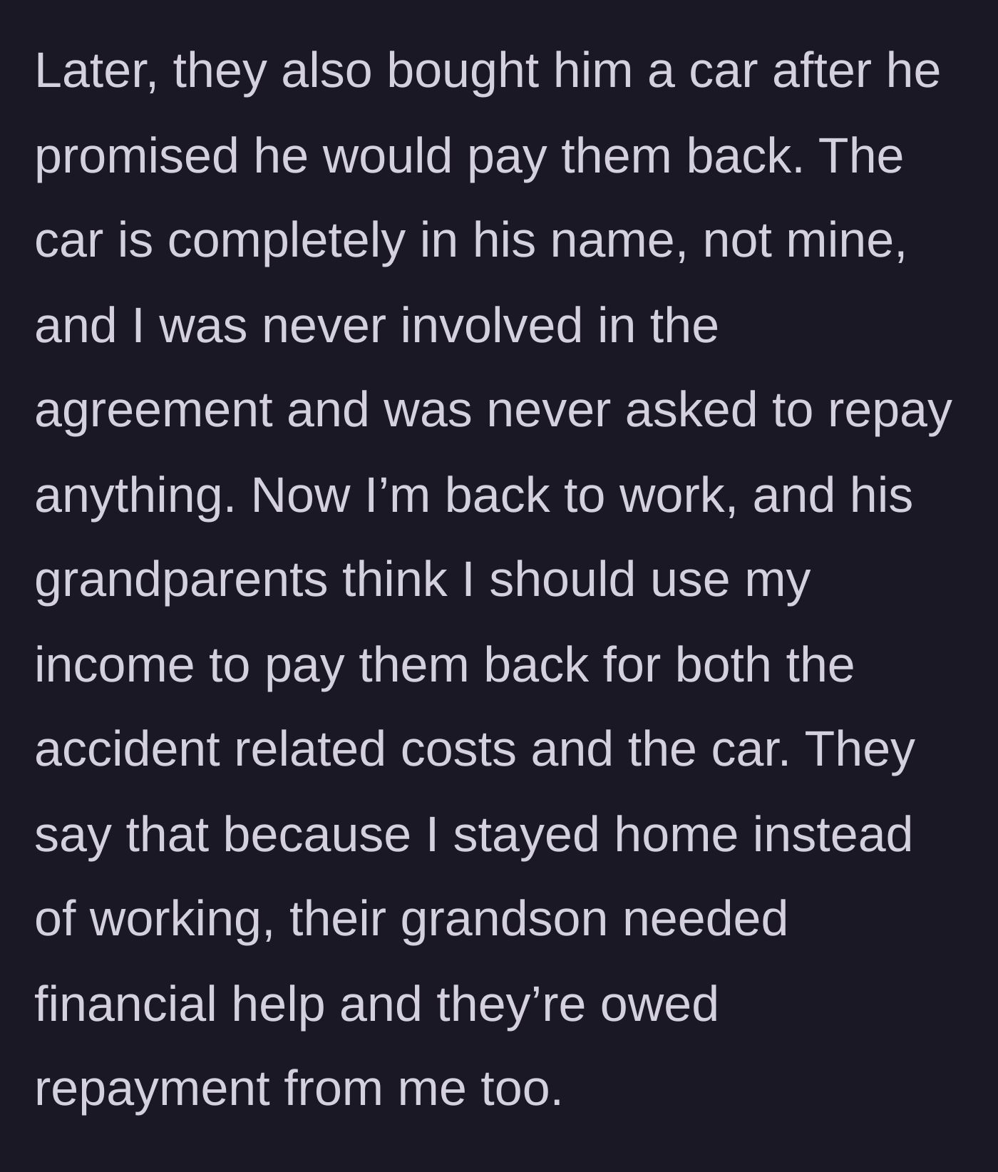 Story part 2 - The grandparents purchase a car for the fiancé and demand the returning working mom pay them back.