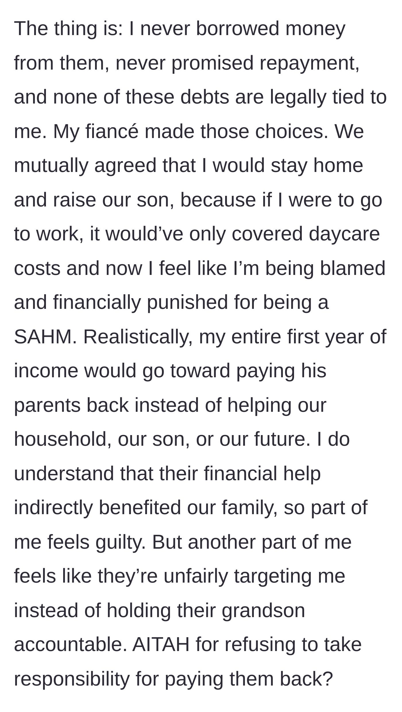 Story part 3 - The main character questions if she is wrong for refusing to hand over her entire first-year salary.