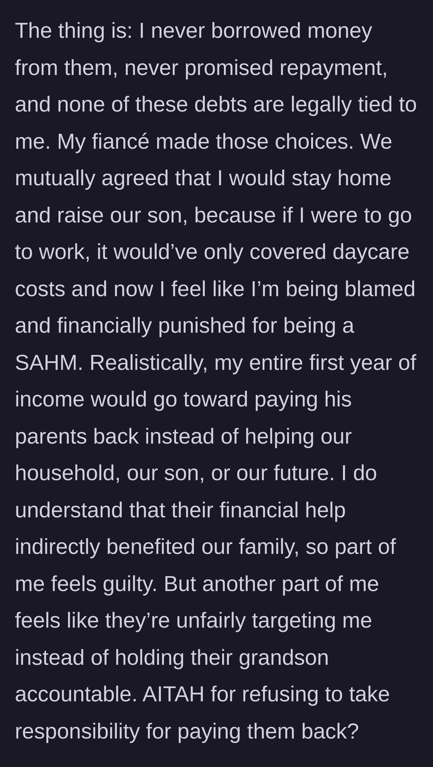 Story part 3 - The main character questions if she is wrong for refusing to hand over her entire first-year salary.