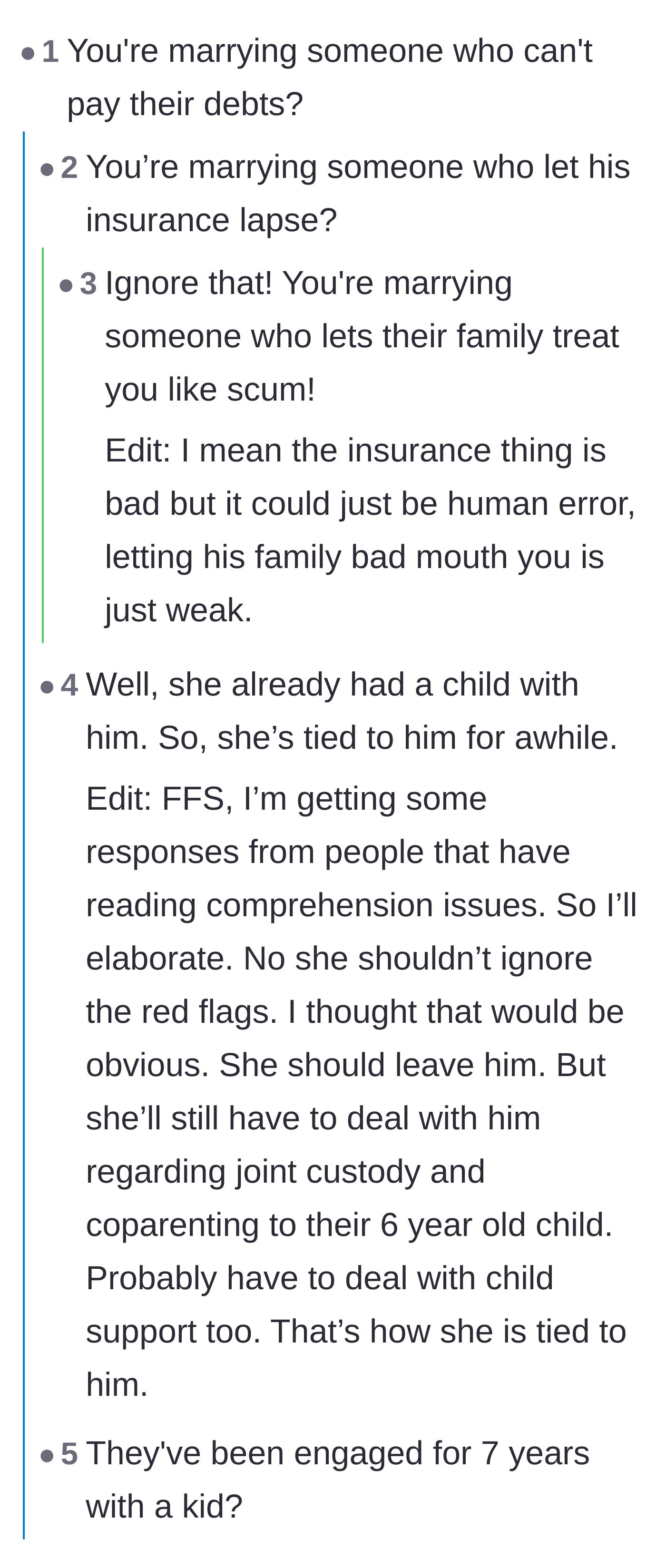 Comment thread 1 - Readers pointing out the fiancé's massive red flags and failure to defend her.