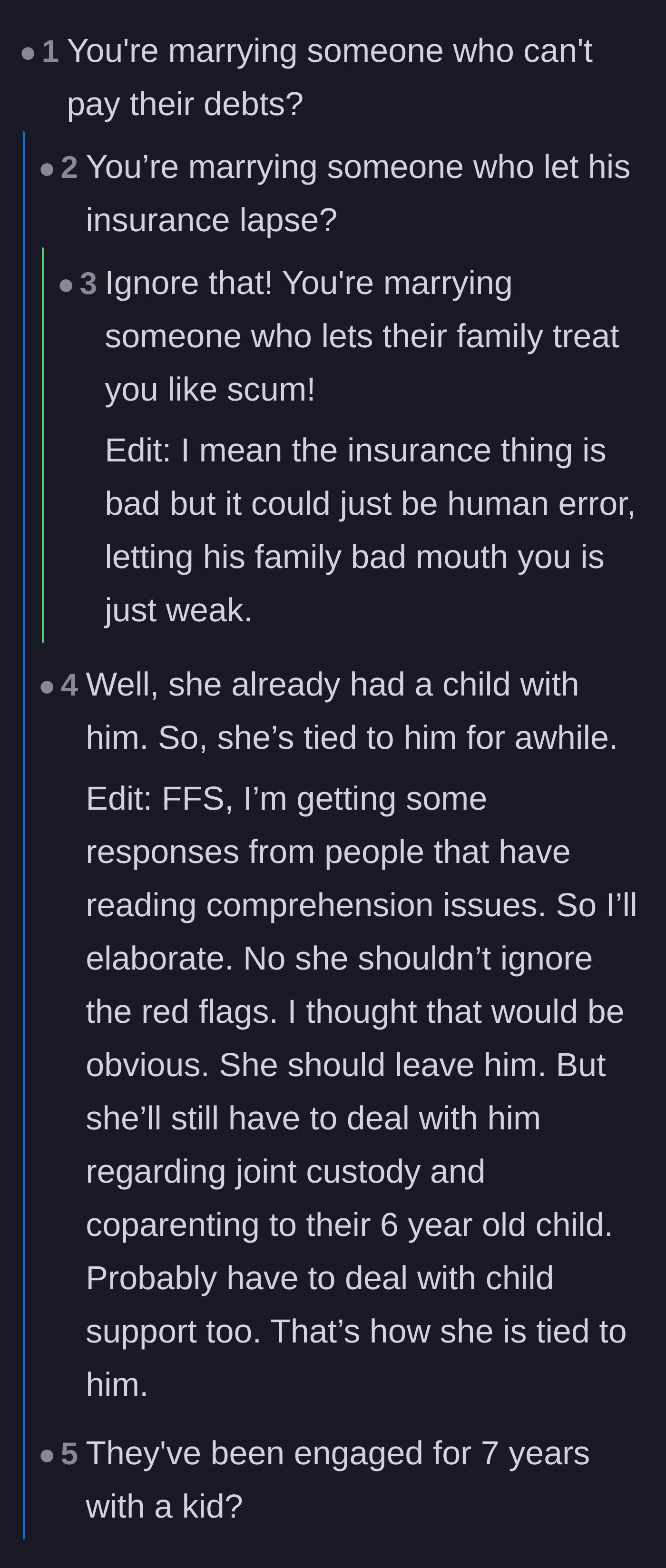 Comment thread 1 - Readers pointing out the fiancé's massive red flags and failure to defend her.