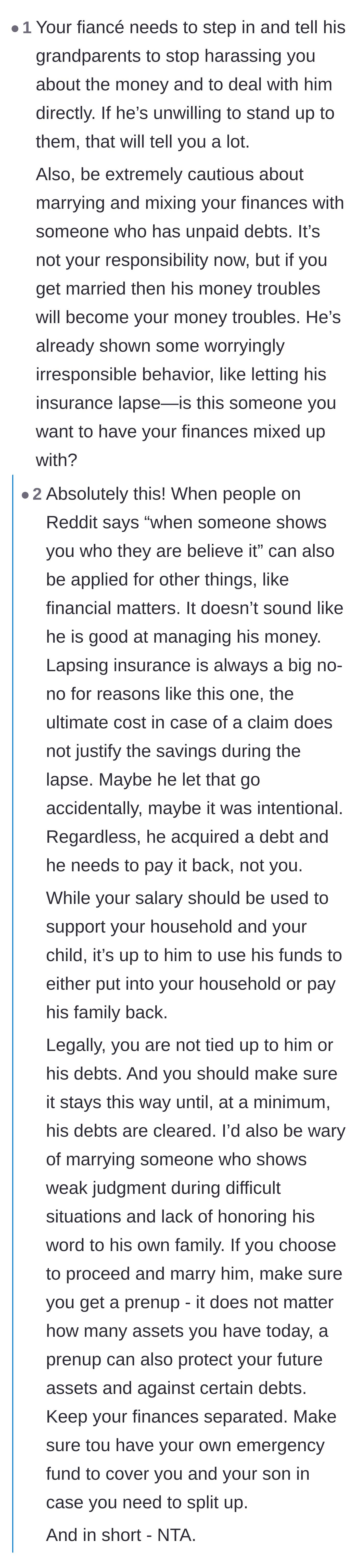 Comment thread 2 - Advice on the dangers of mixing finances and the lost earnings of a stay-at-home parent.