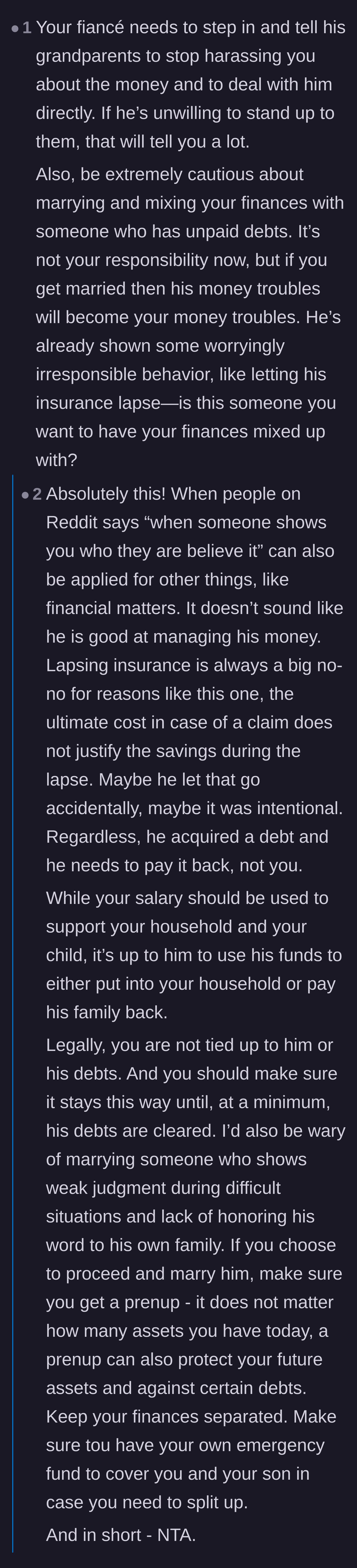 Comment thread 2 - Advice on the dangers of mixing finances and the lost earnings of a stay-at-home parent.