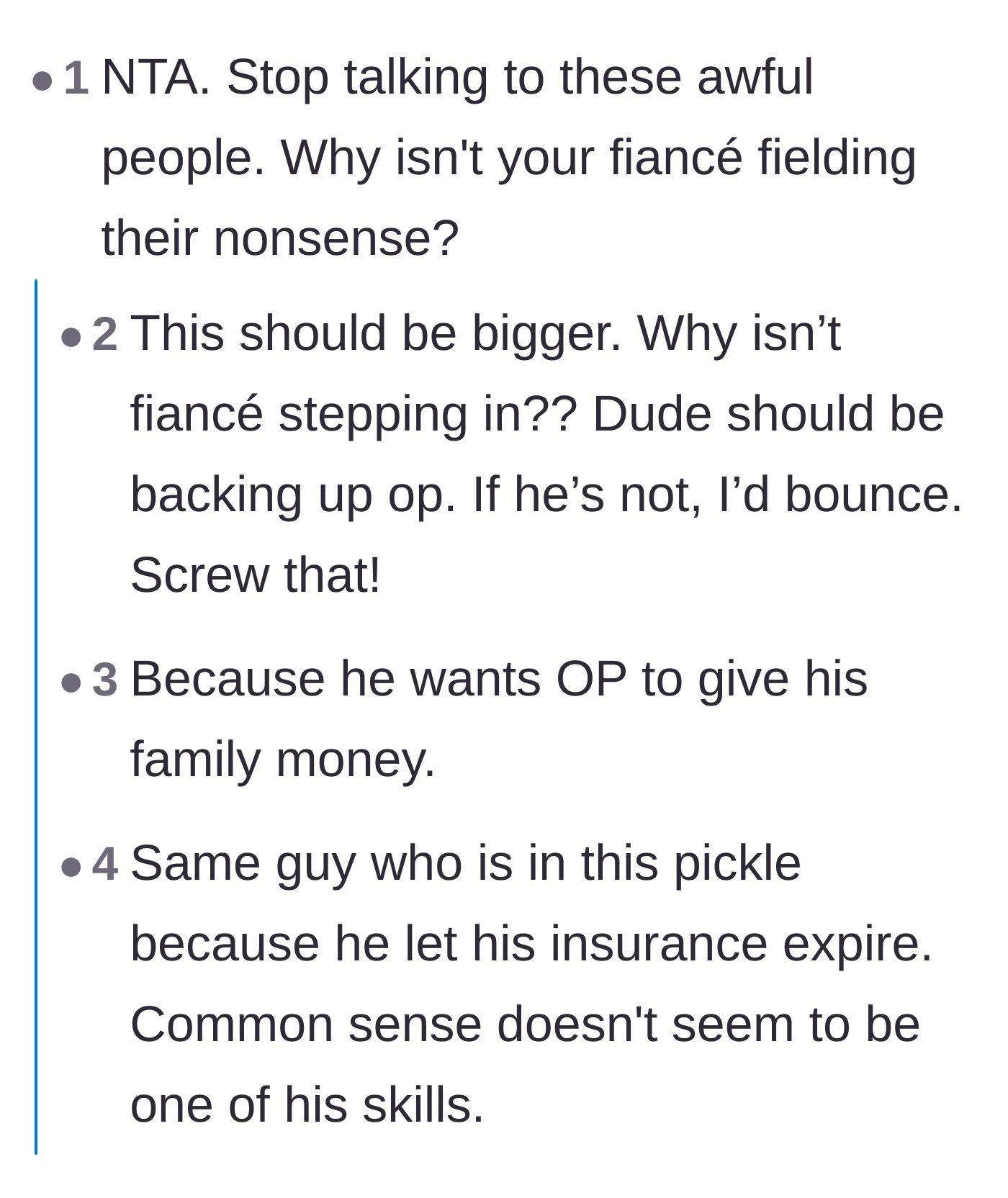 Comment thread 4 - Calling out the fiancé's strategic silence and desire for her to pay his debt.
