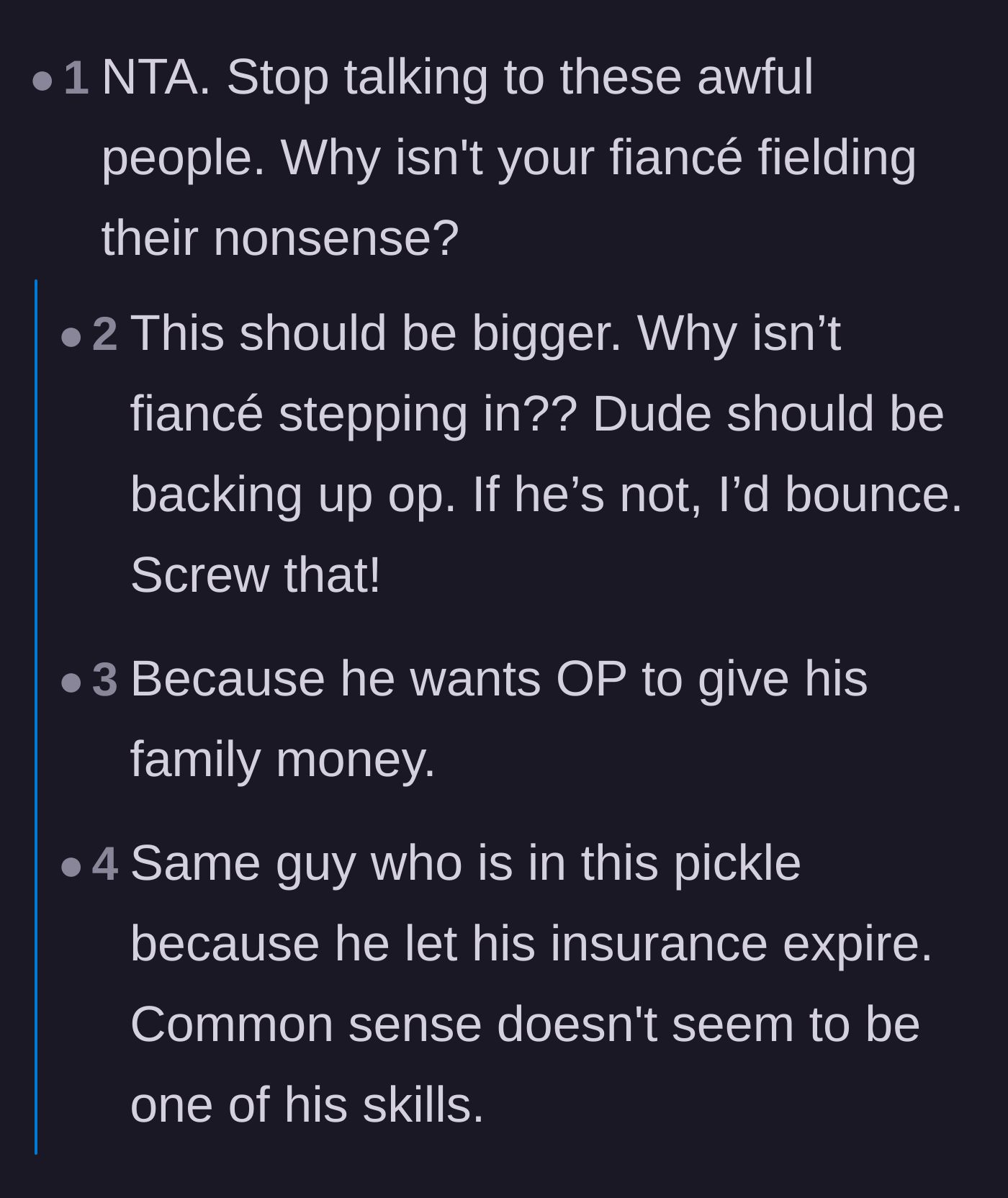 Comment thread 4 - Calling out the fiancé's strategic silence and desire for her to pay his debt.