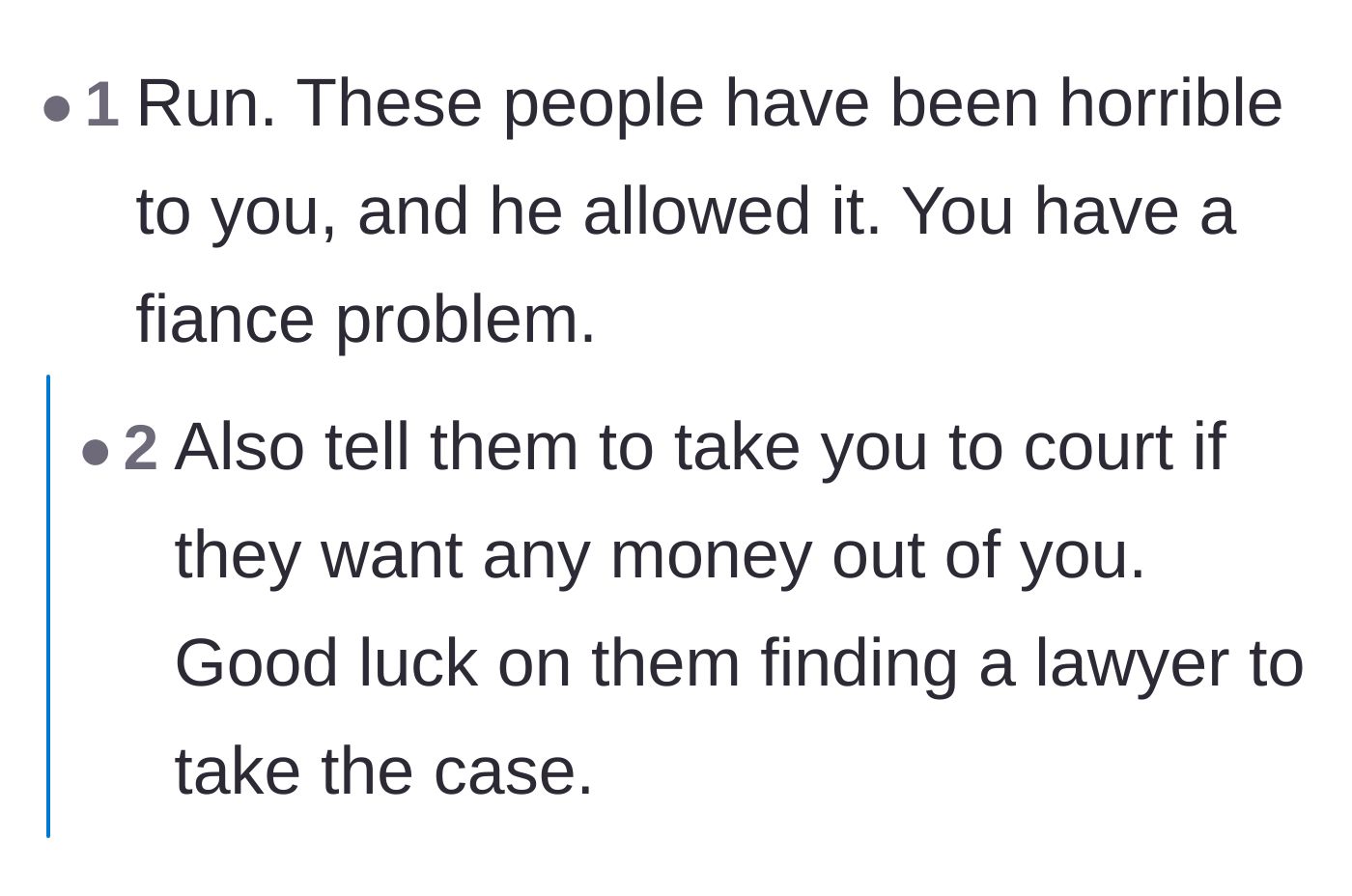 Comment thread 5 - Advising her to leave and daring the grandparents to attempt a lawsuit.