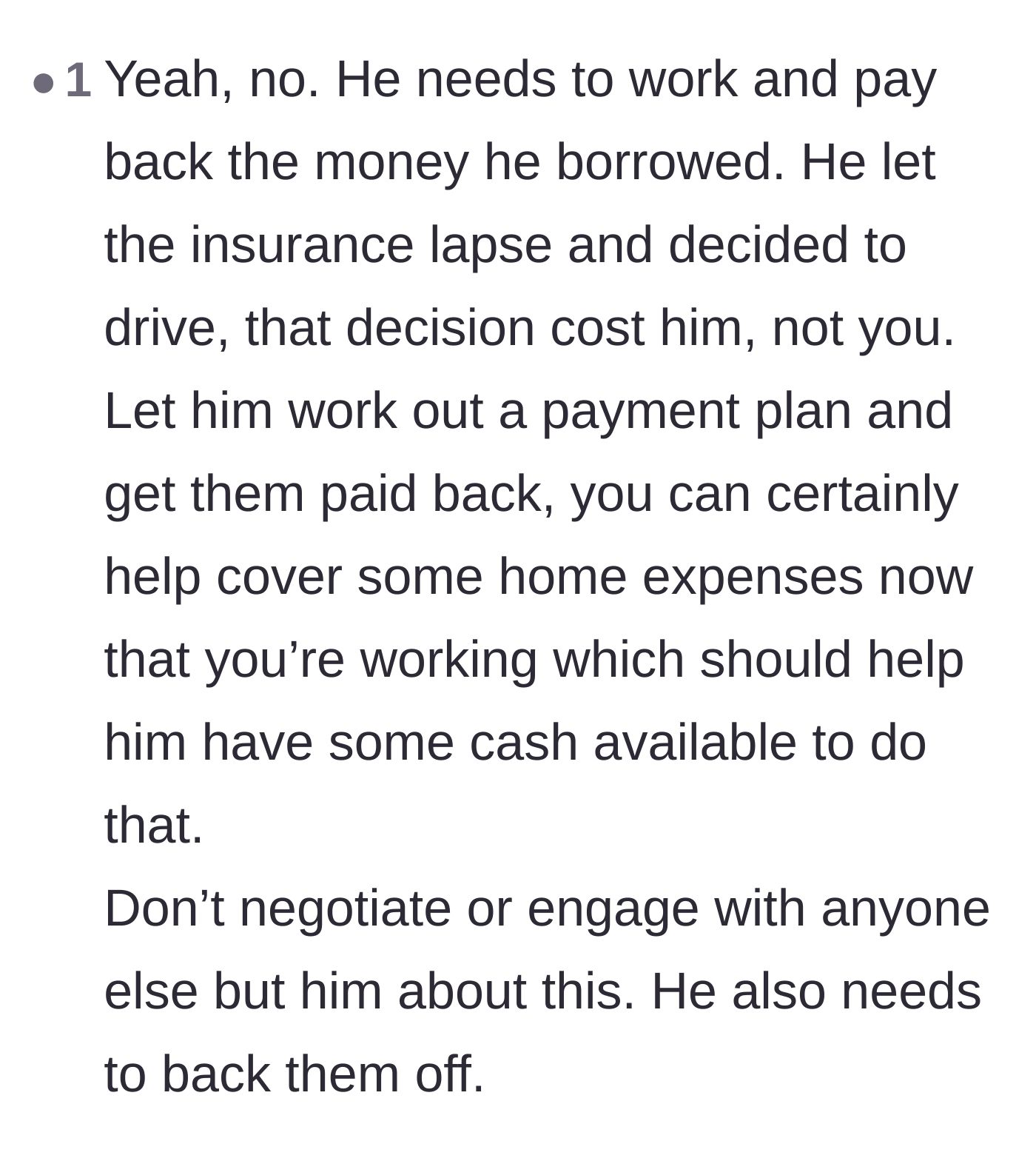 Comment thread 6 - Setting boundaries to make the fiancé pay his own debts and stopping communication with the grandparents.