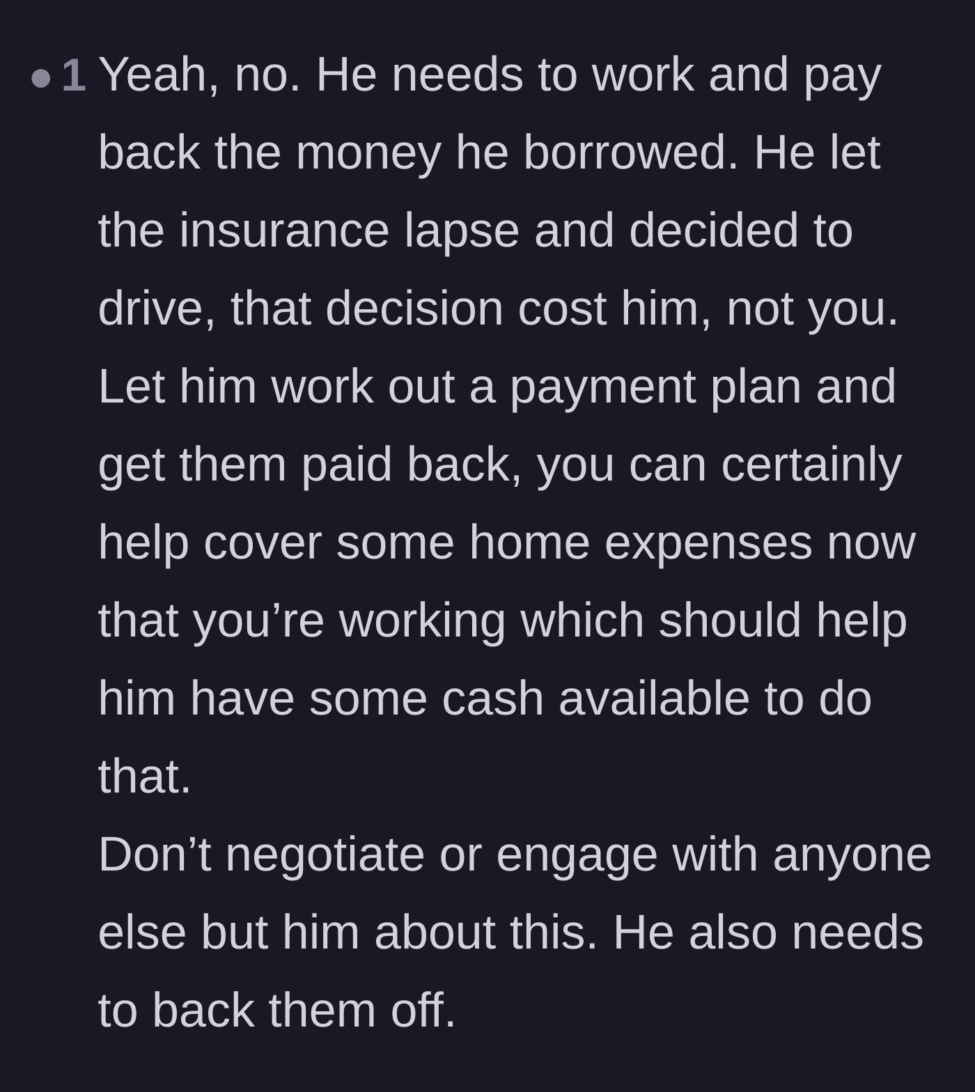 Comment thread 6 - Setting boundaries to make the fiancé pay his own debts and stopping communication with the grandparents.