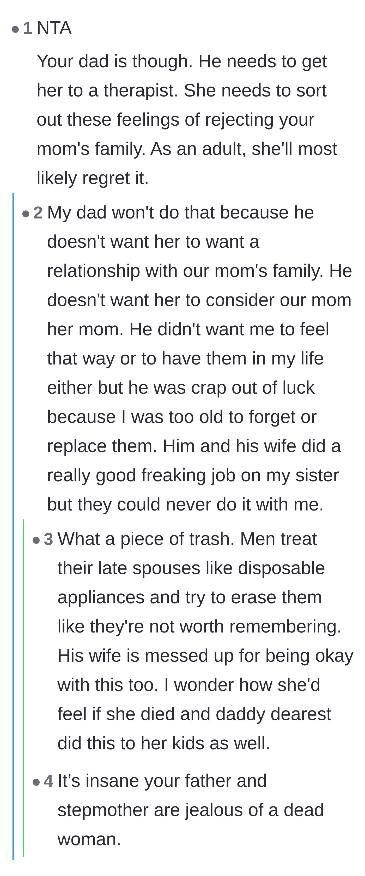 Comment thread 1 - A discussion about how the father and stepmother deliberately alienated the sister to erase the biological mother's memory.