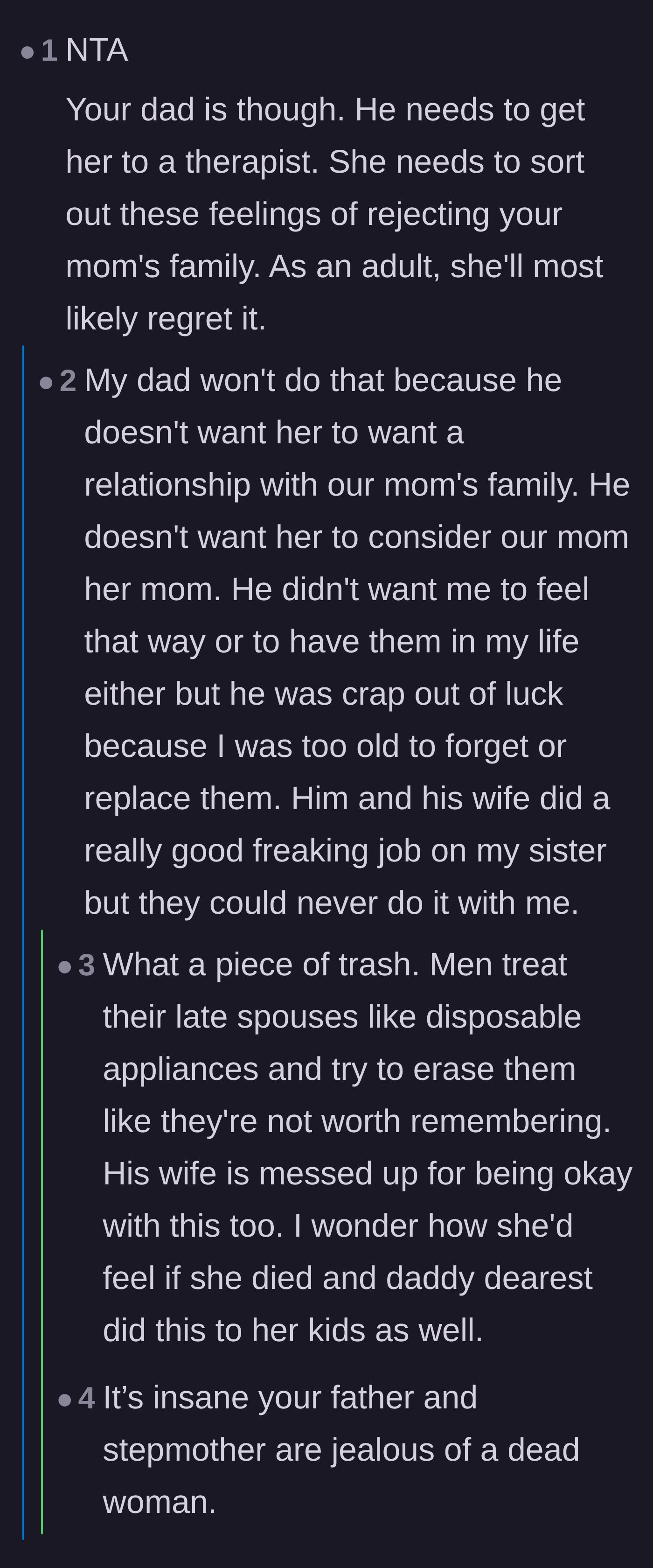 Comment thread 1 - A discussion about how the father and stepmother deliberately alienated the sister to erase the biological mother's memory.