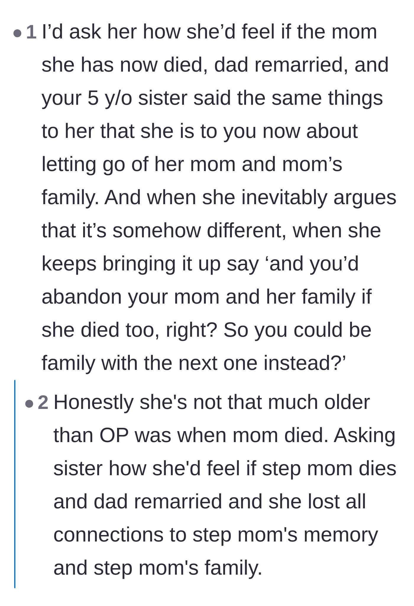 Comment thread 3 - A suggestion that the brother ask his sister how she would feel if her stepmother died and was immediately replaced.