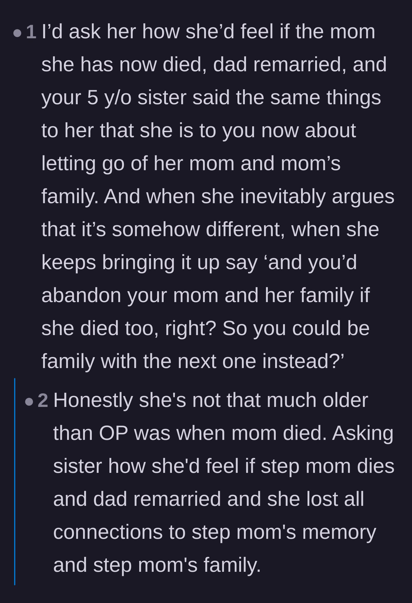 Comment thread 3 - A suggestion that the brother ask his sister how she would feel if her stepmother died and was immediately replaced.