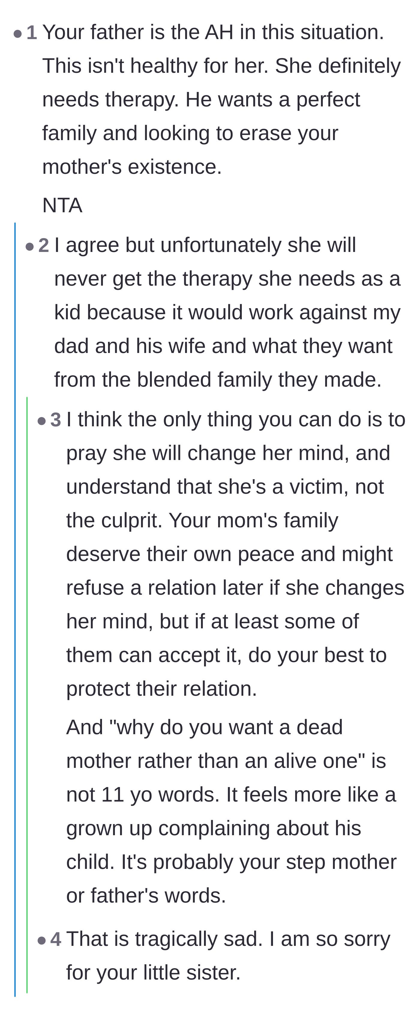 Comment thread 4 - A conversation about how the 11-year-old is likely repeating her parents' cruel words and tragically won't get the therapy she needs.