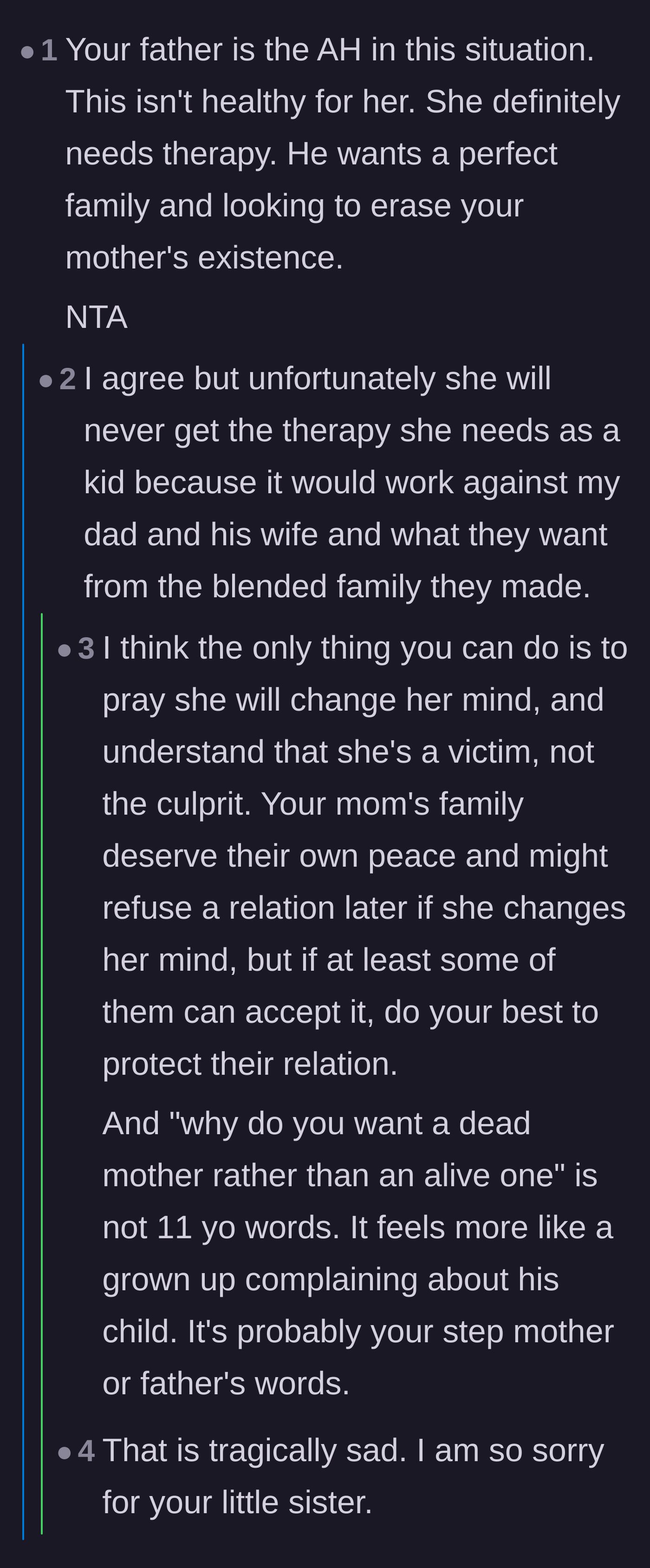 Comment thread 4 - A conversation about how the 11-year-old is likely repeating her parents' cruel words and tragically won't get the therapy she needs.