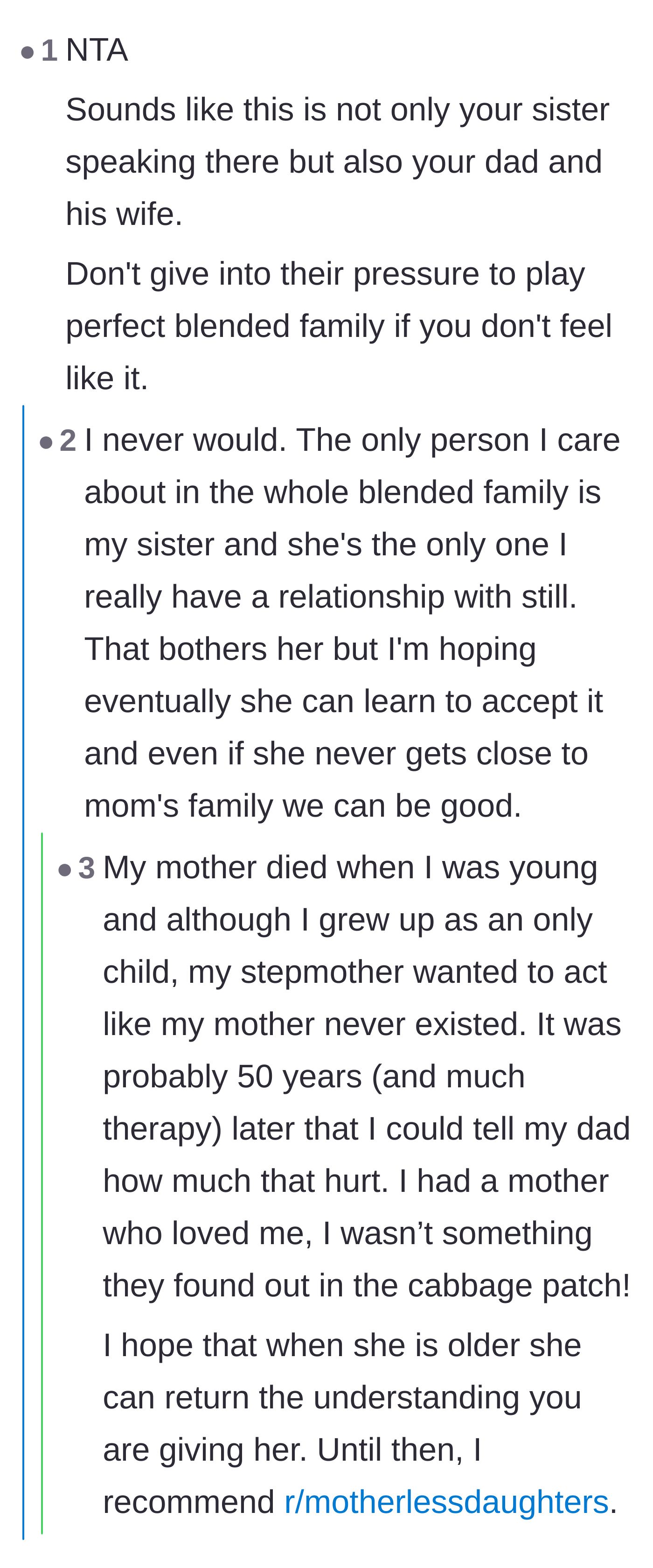 Comment thread 5 - A fellow motherless child shares her heartbreaking lifelong experience of her stepmother pretending her late mother never existed.