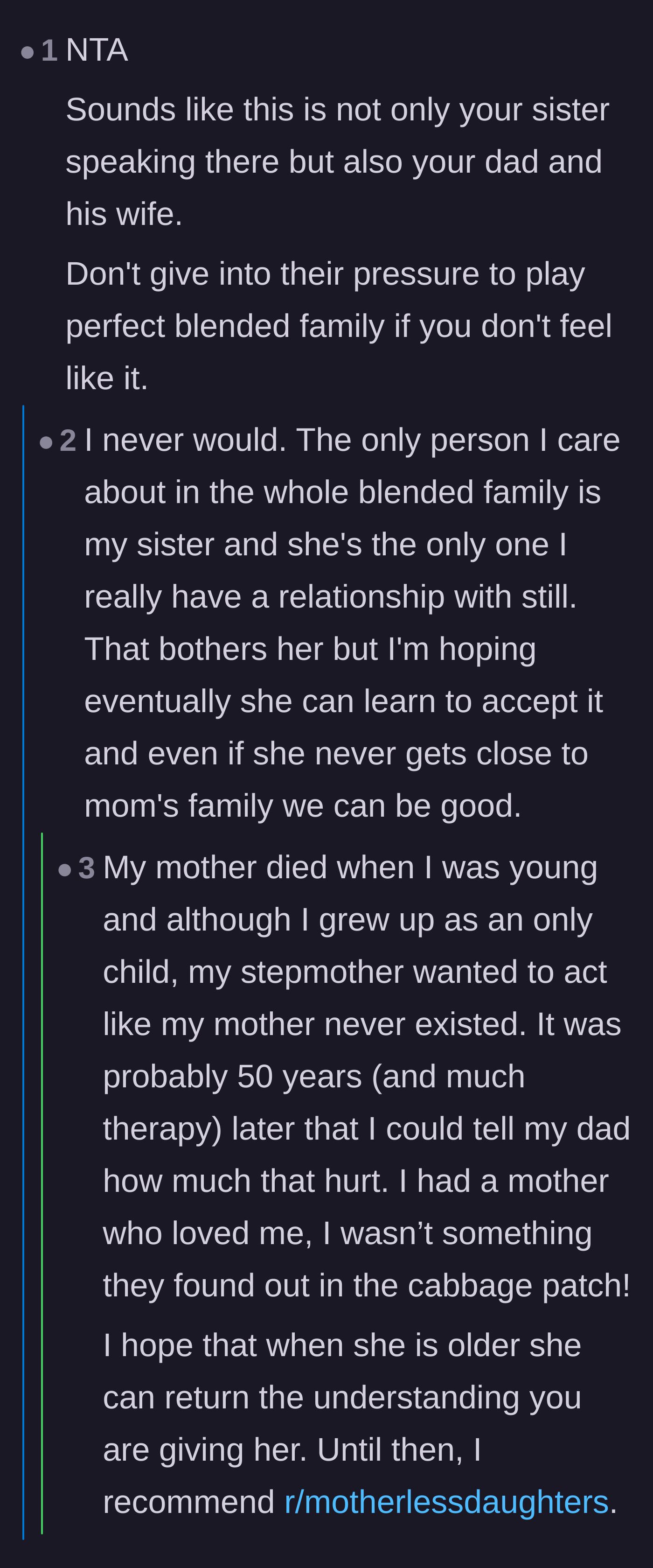 Comment thread 5 - A fellow motherless child shares her heartbreaking lifelong experience of her stepmother pretending her late mother never existed.