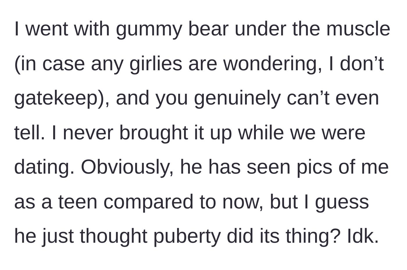 Story part 2 - The woman detailing her incredibly natural-looking surgical results and how her fiancé never noticed during their three years together.