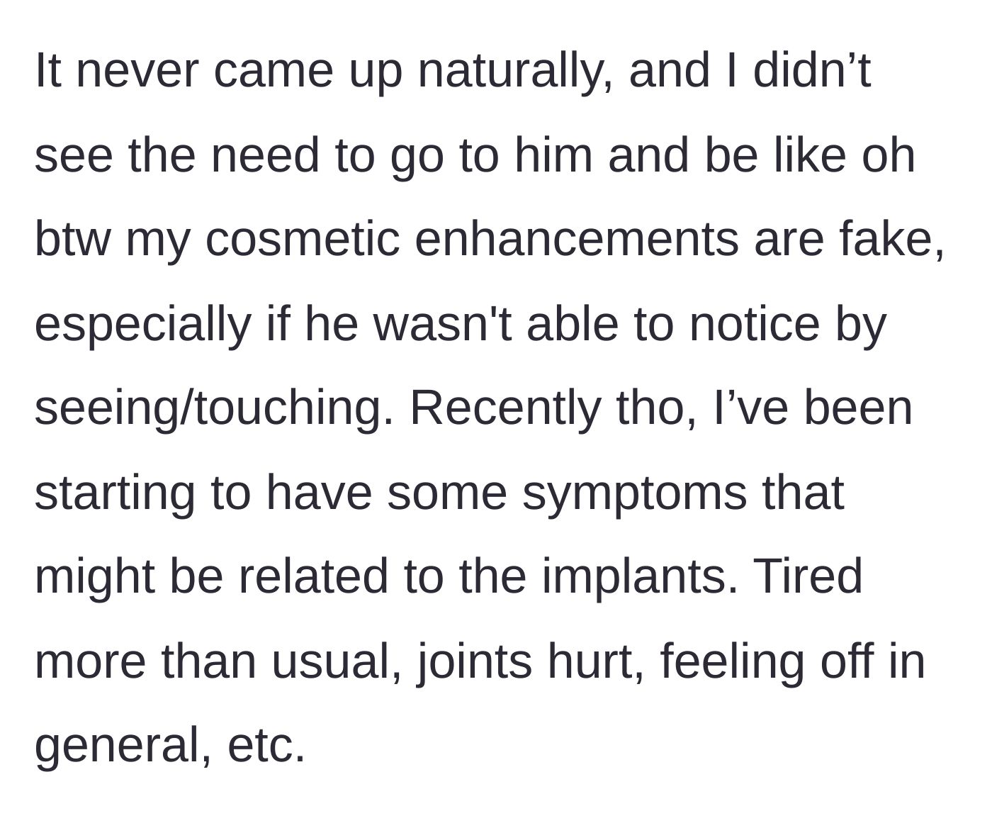 Story part 3 - The woman describing the scary onset of fatigue, joint pain, and feeling generally unwell, prompting her to suspect breast implant illness.