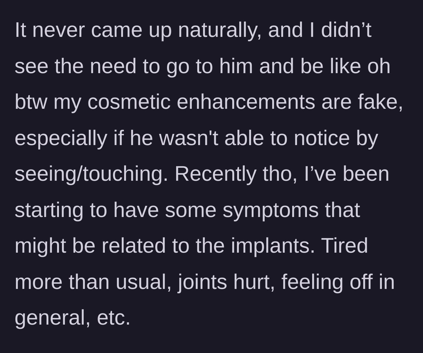 Story part 3 - The woman describing the scary onset of fatigue, joint pain, and feeling generally unwell, prompting her to suspect breast implant illness.
