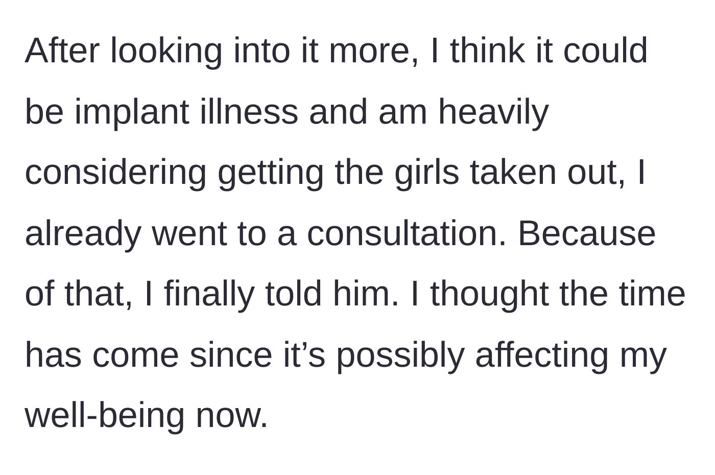 Story part 4 - The woman sharing that she proactively went to a consultation for implant removal and finally decided to disclose her medical history to her fiancé.