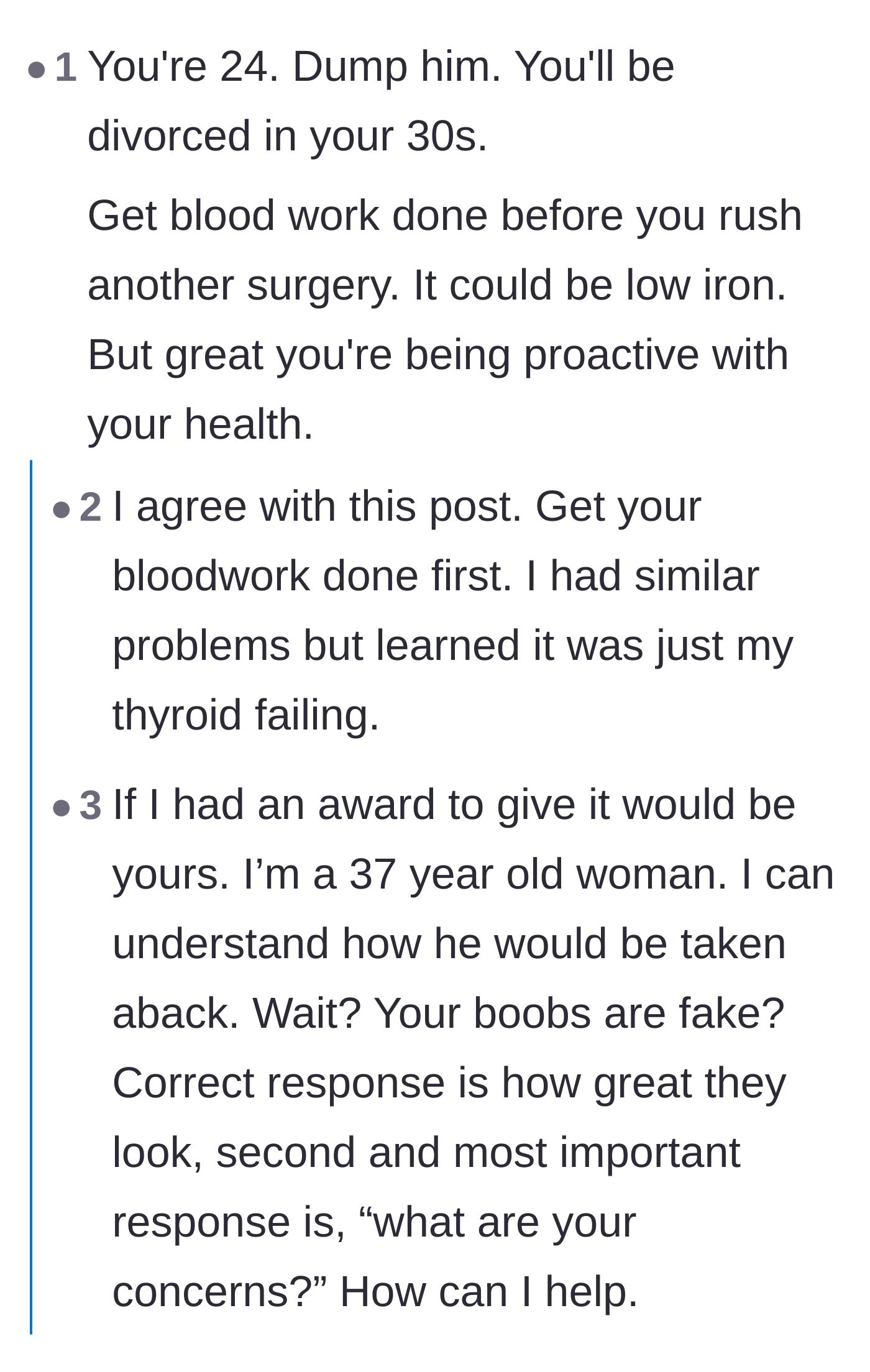 Comment thread 1 - Readers advising the author to get her thyroid and iron checked before surgery, while slamming the fiancé's shallow reaction.